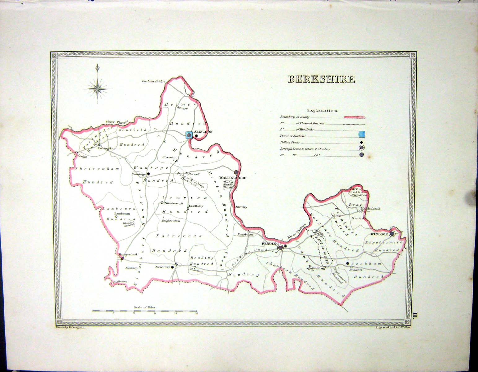 Old Walker Creighton Map C1850 Berkshire England Wallingford Reading Victorian