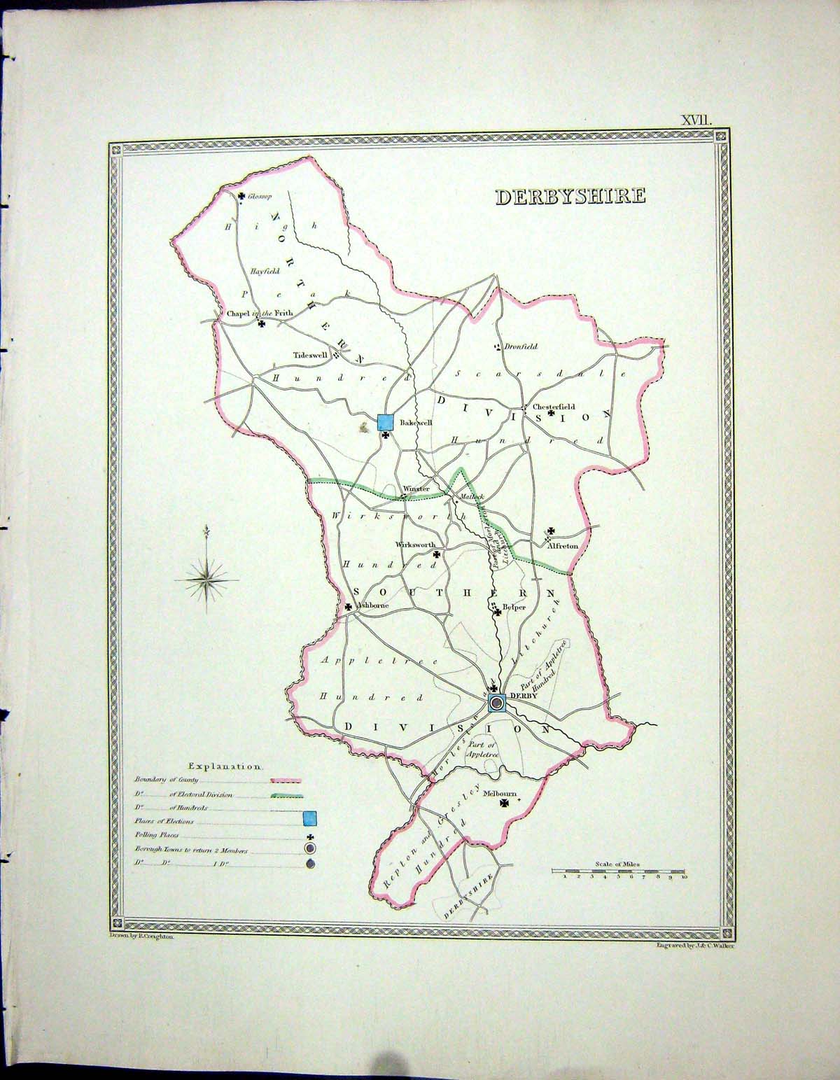 Antique Print Walker Creighton Map C1850 Derbyshire England Derby Ashbourne