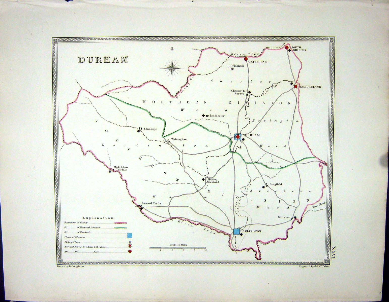 Old Print Walker Creighton Map C1850 Durham England Darlington Gateshead 19th