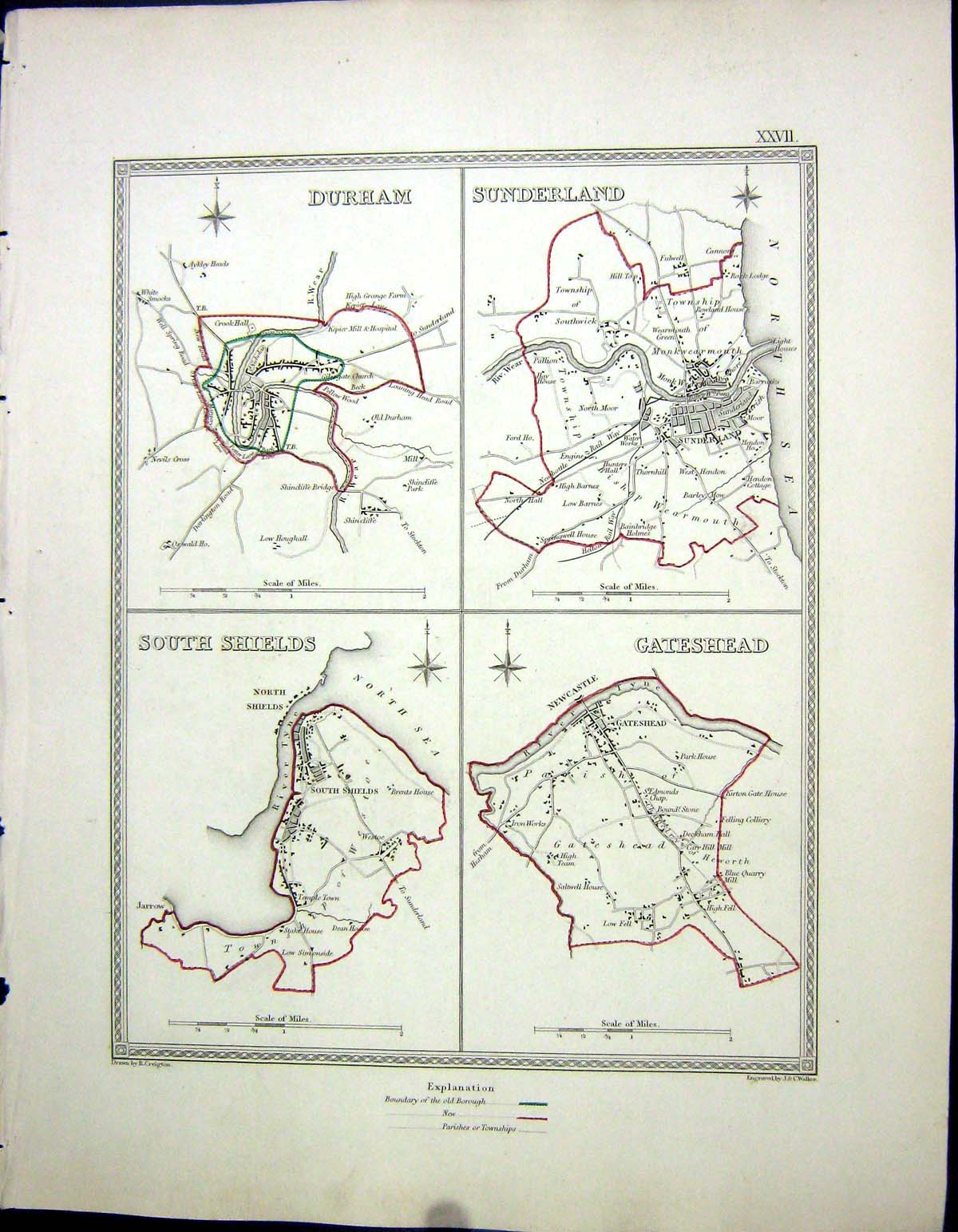 Old Walker Creighton Map C1850 Plan Durham Sunderland Shields Gateshe Victorian