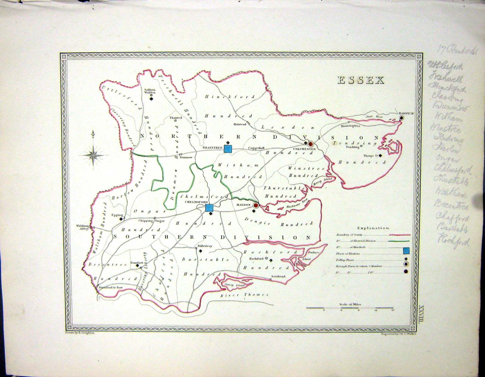 Old Print Essex England Chelmsford Colchester Walker Creighton Map C1850 19th