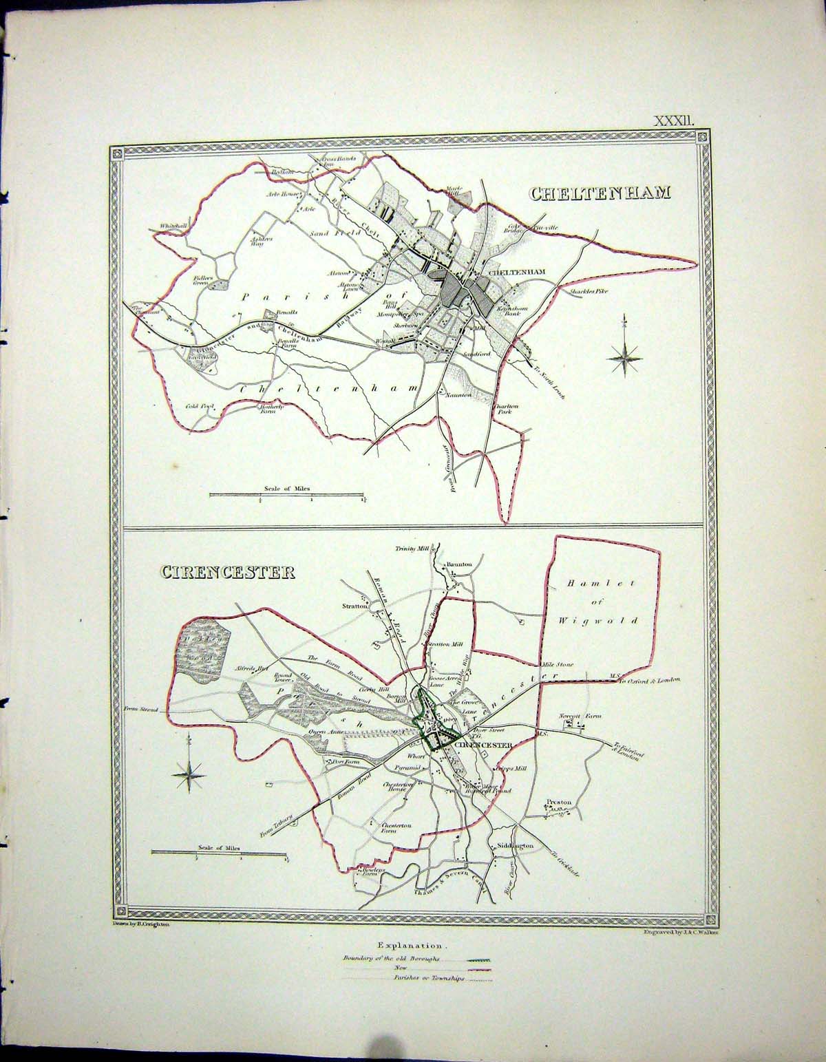 Old Print Walker Creighton Map C1850 Plan Cheltenham Cirencester England 19th