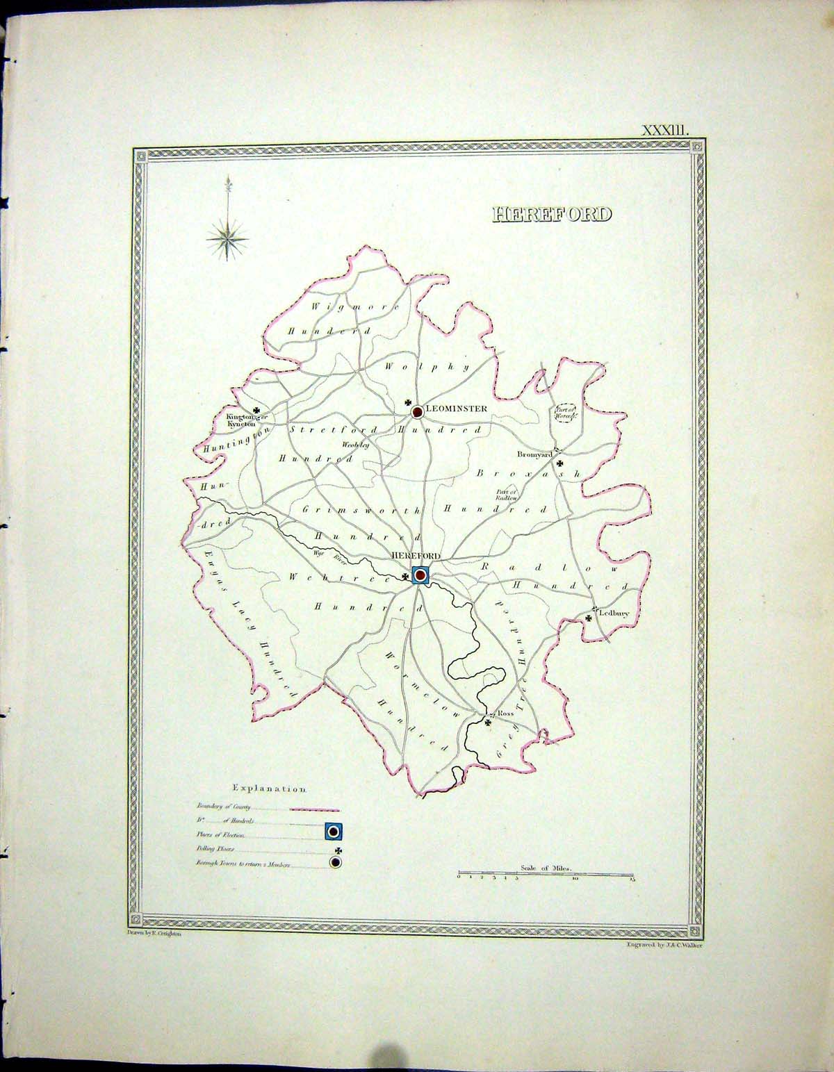 Old Print Walker Creighton Map C1850 Hereford England Leominster Ledbury 19th