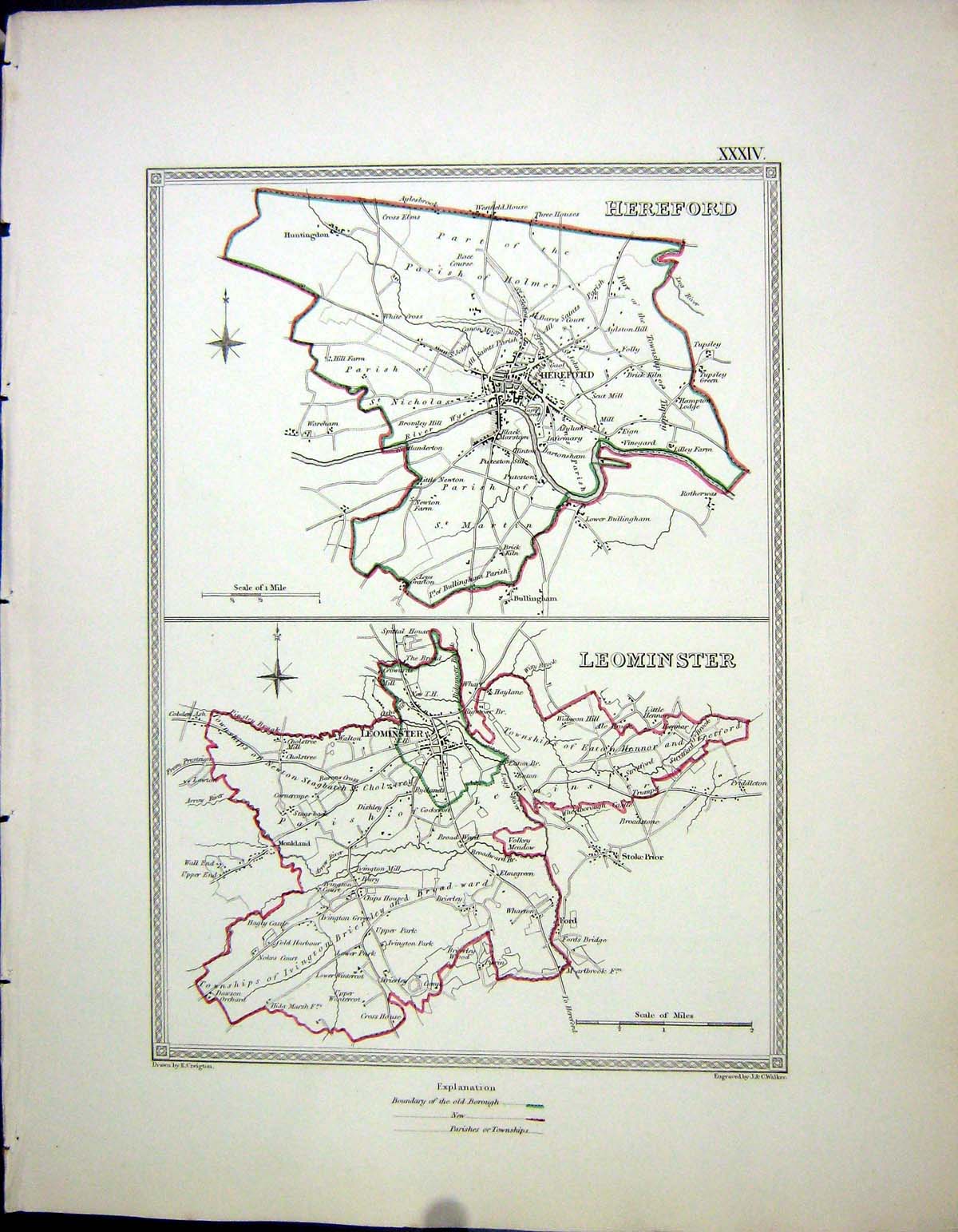Antique Old Print Walker Creighton Map C1850 Plan Hereford Leominster England
