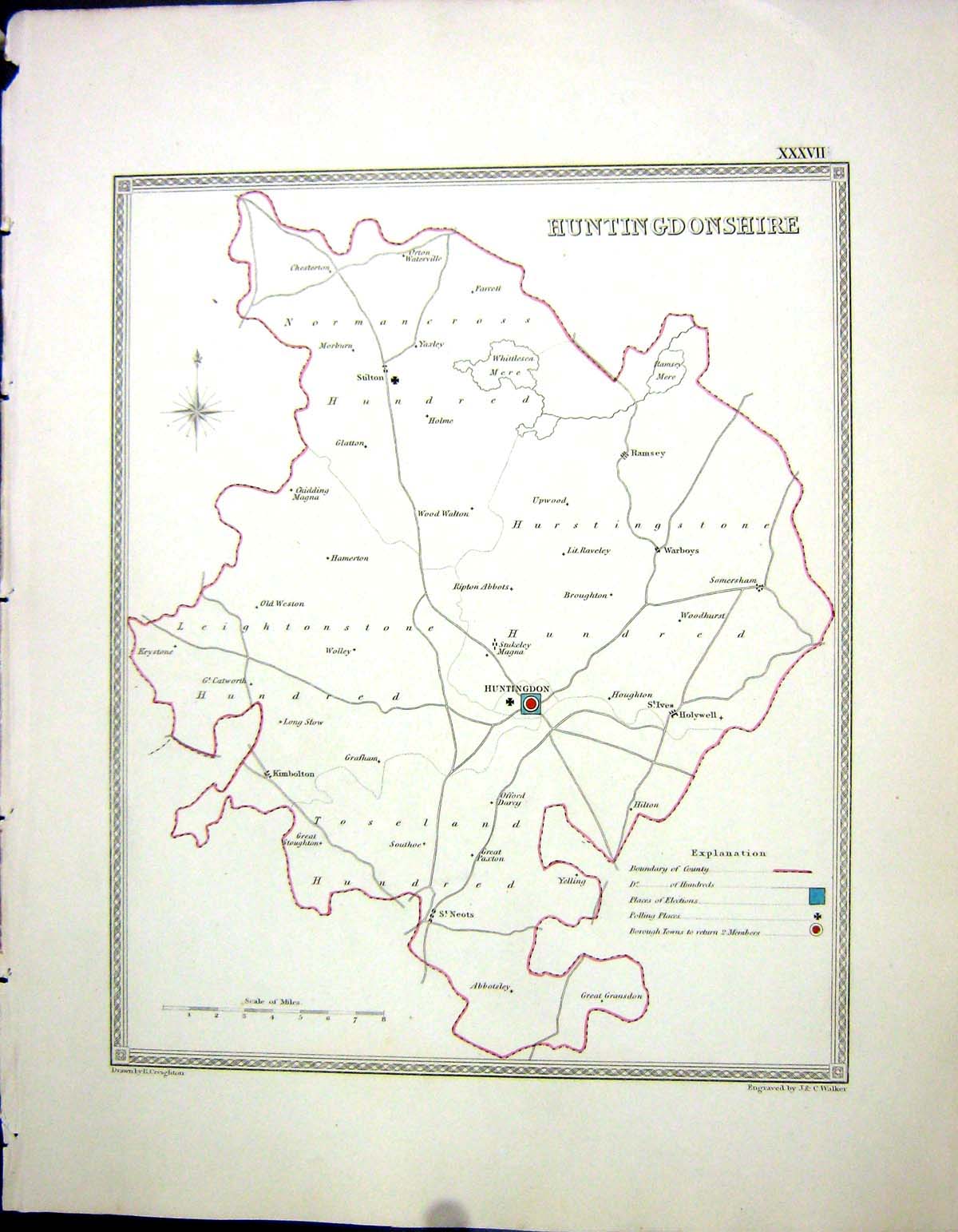 Antique Print Walker Creighton Map C1850 Huntingdonshire England Huntingdon