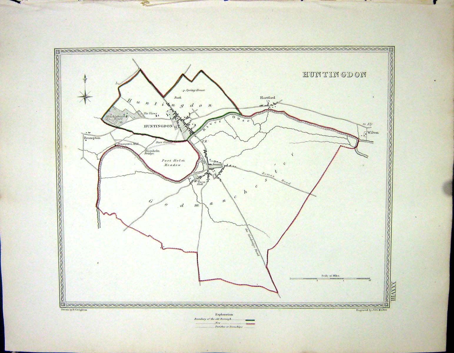 Antique Old Print Walker Creighton Map C1850 Plan Huntingdon England Hartford