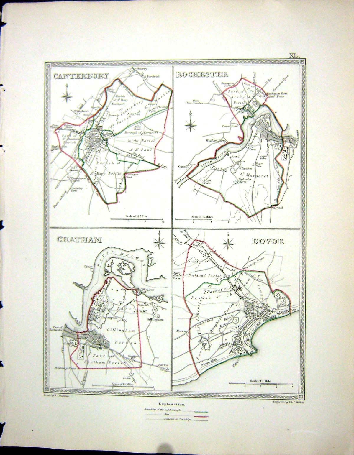 Old Walker Creighton Map C1850 Plan Canterbury Rochester Chatham Dovo Victorian