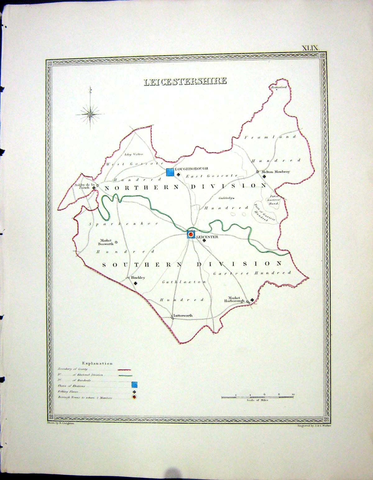 Antique Old Print Walker Creighton Map C1850 Leicestershire England Leicester