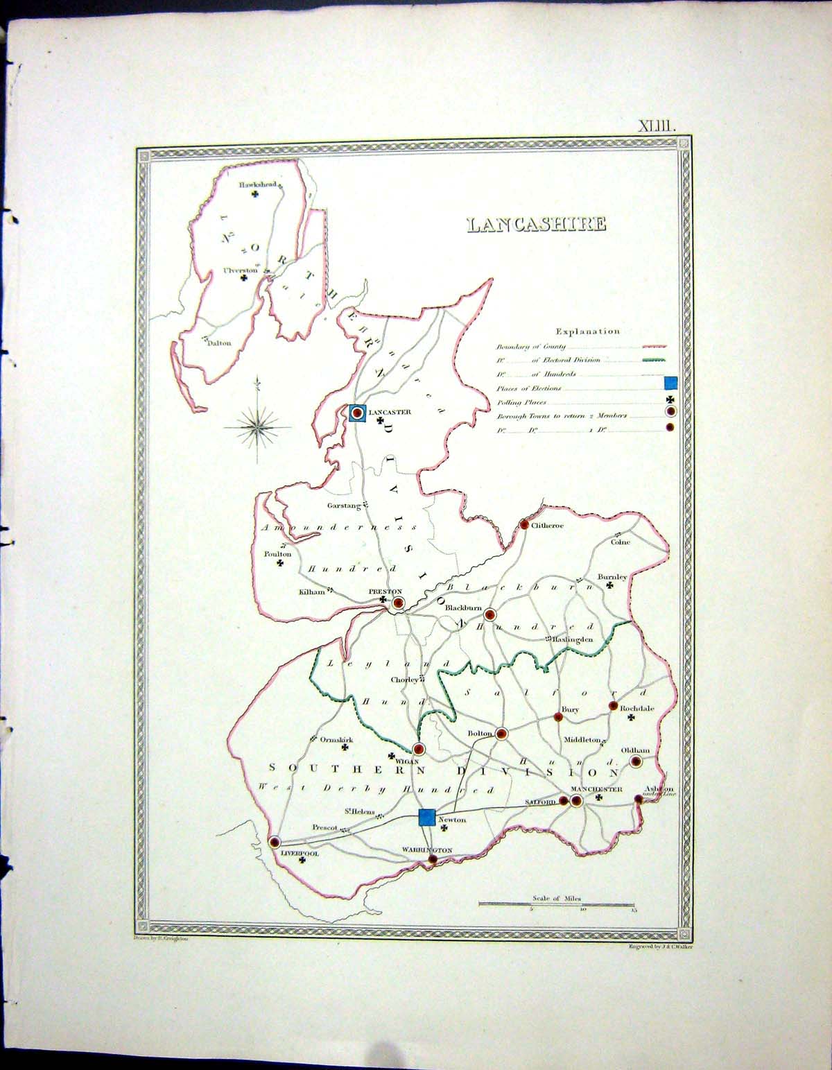Old Print Walker Creighton Map C1850 Lancashire England Preston Blackburn 19th