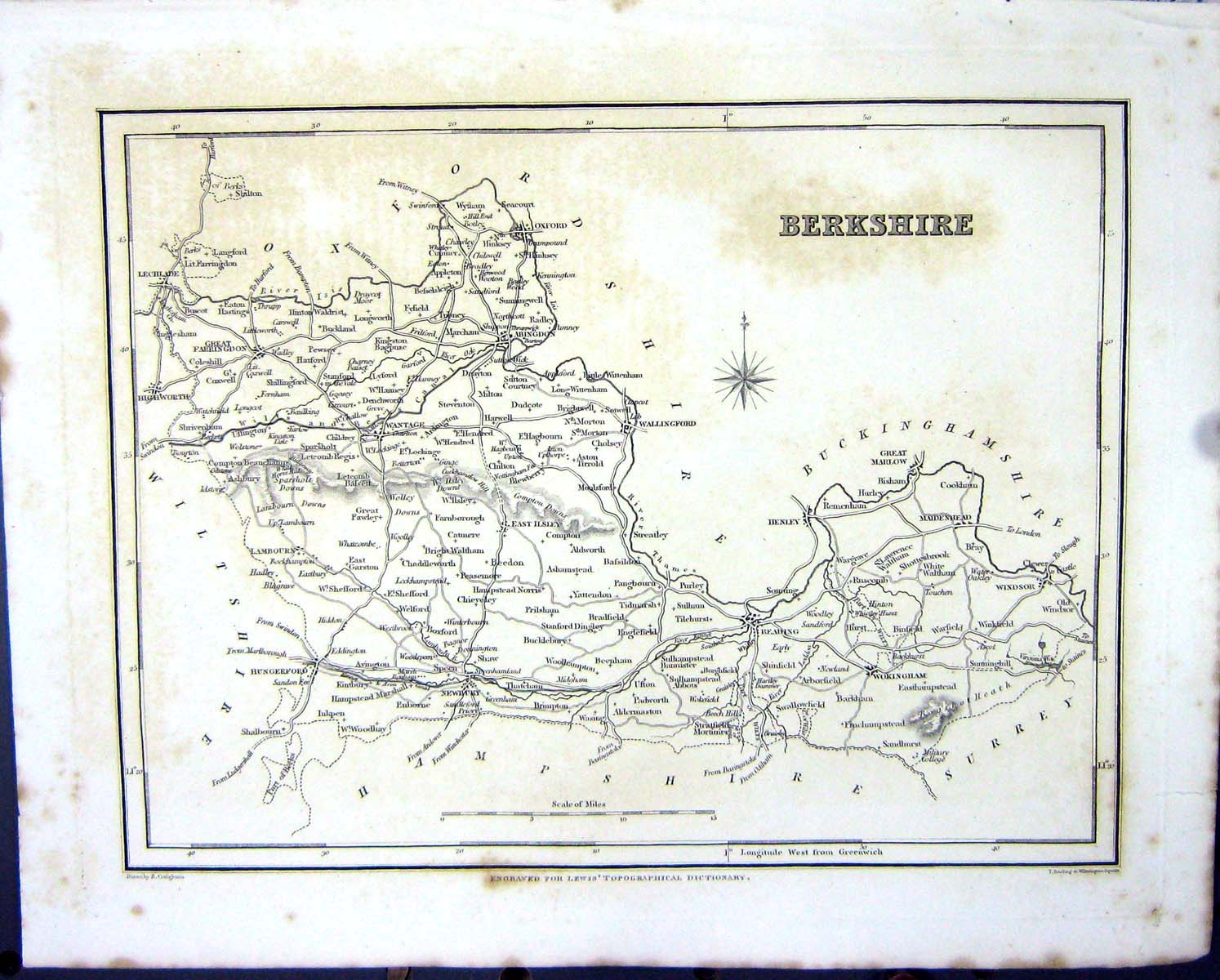 Old Print Walker Creighton Map C1850 Berkshire England Wallingford Oxford 19th