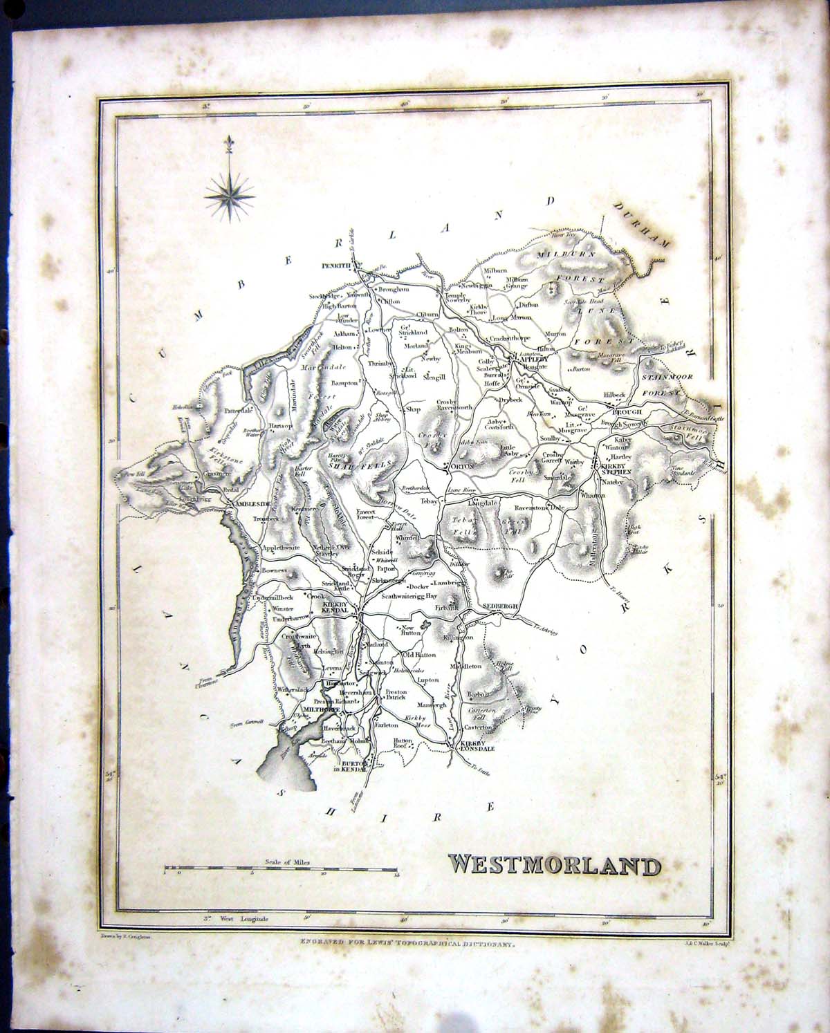 Antique Print Walker Creighton Map C1850 Westmorland England Kendal Appleby