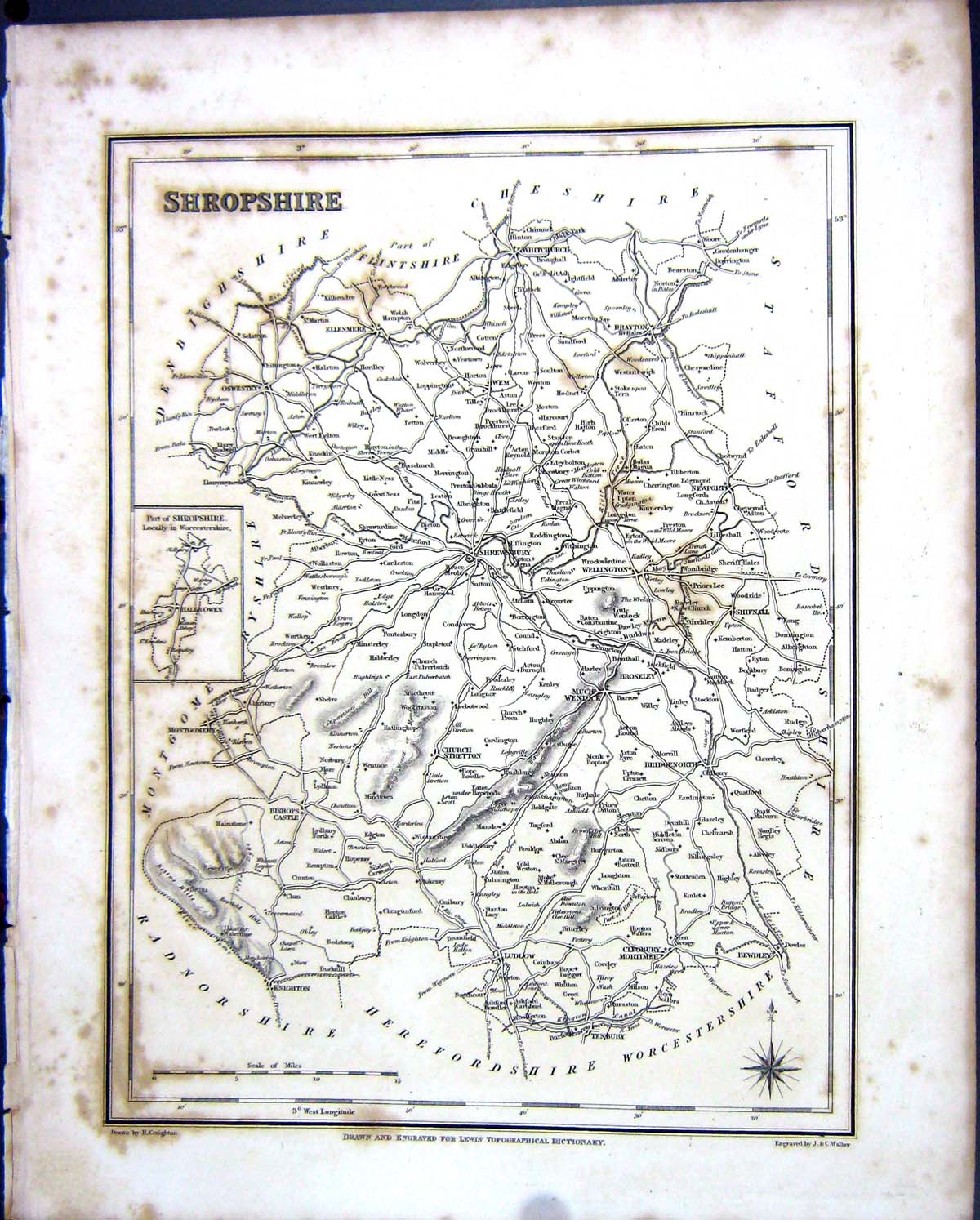 Old Print Walker Creighton Map C1850 Shropshire England Shrewsbury Ludlow 19th