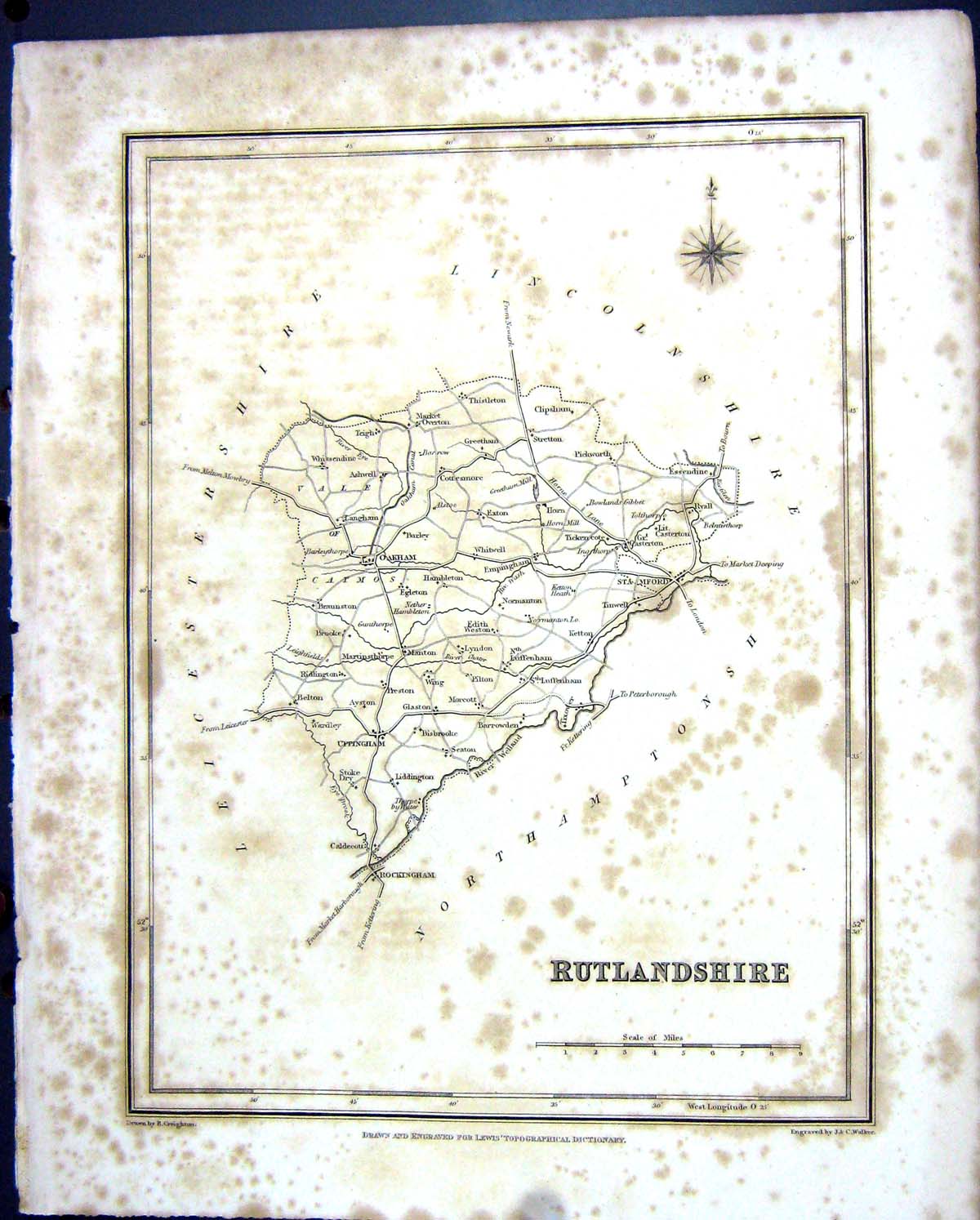 Old Print Walker Creighton Map C1850 Rutlandshire England Stamford Oakham 19th