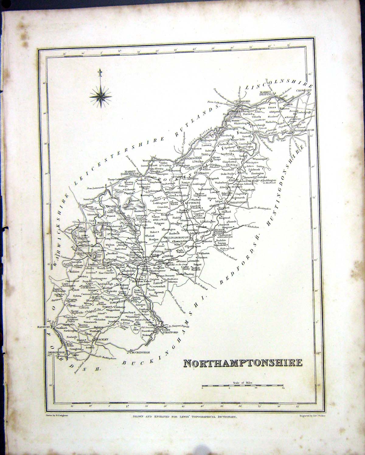 Old Walker Creighton Map C1850 Northamptonshire England Stamford Deep Victorian