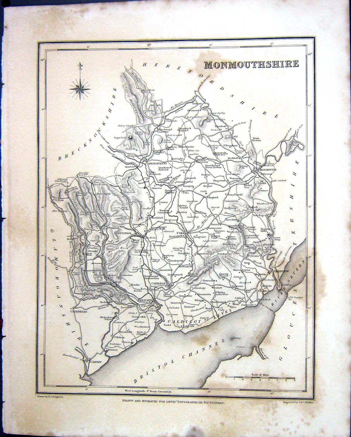 Old Walker Creighton Map C1850 Monmouthshire England Newport Monmouth Victorian