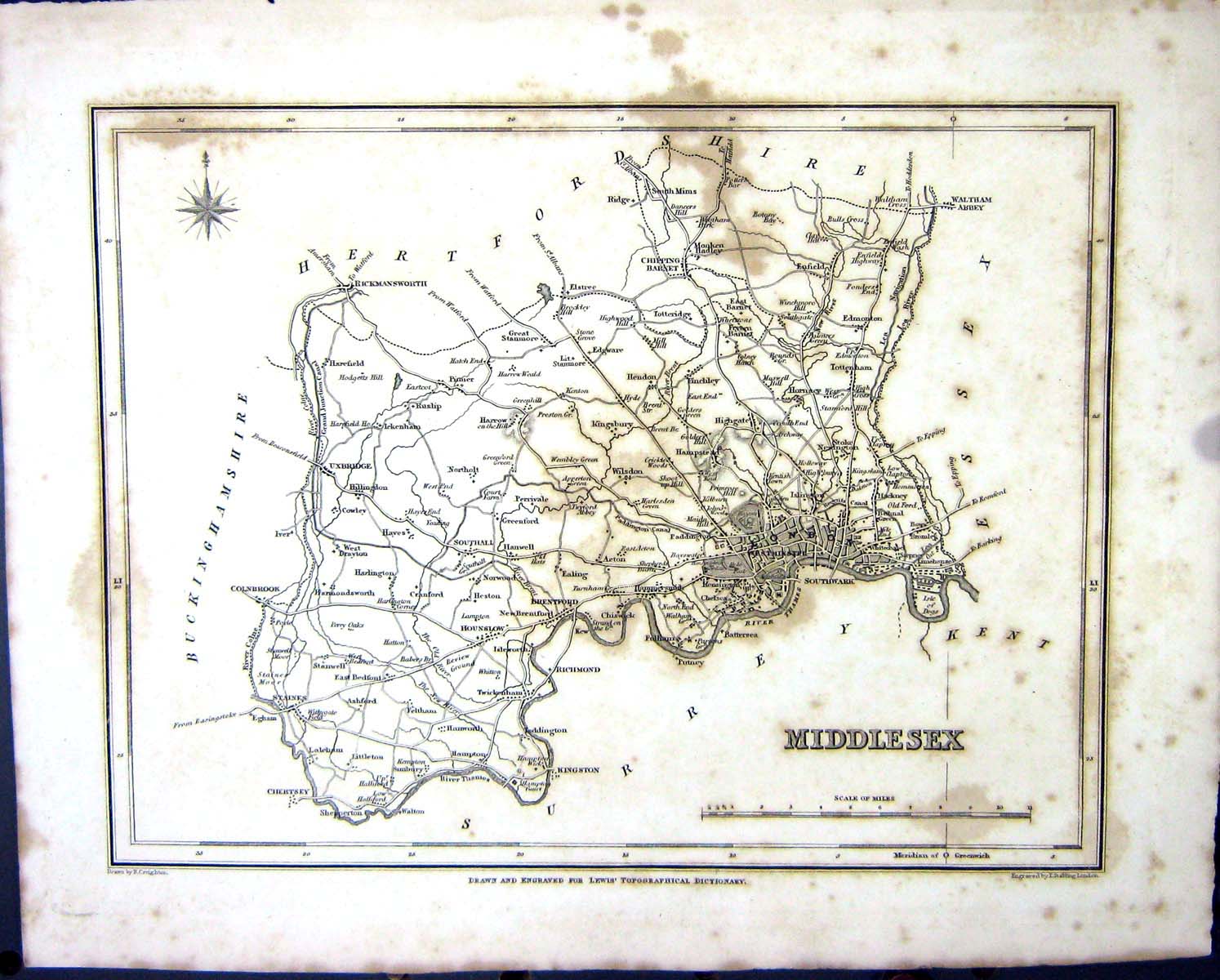 Old Print Walker Creighton Map C1850 Middlesex England London Westminster 19th
