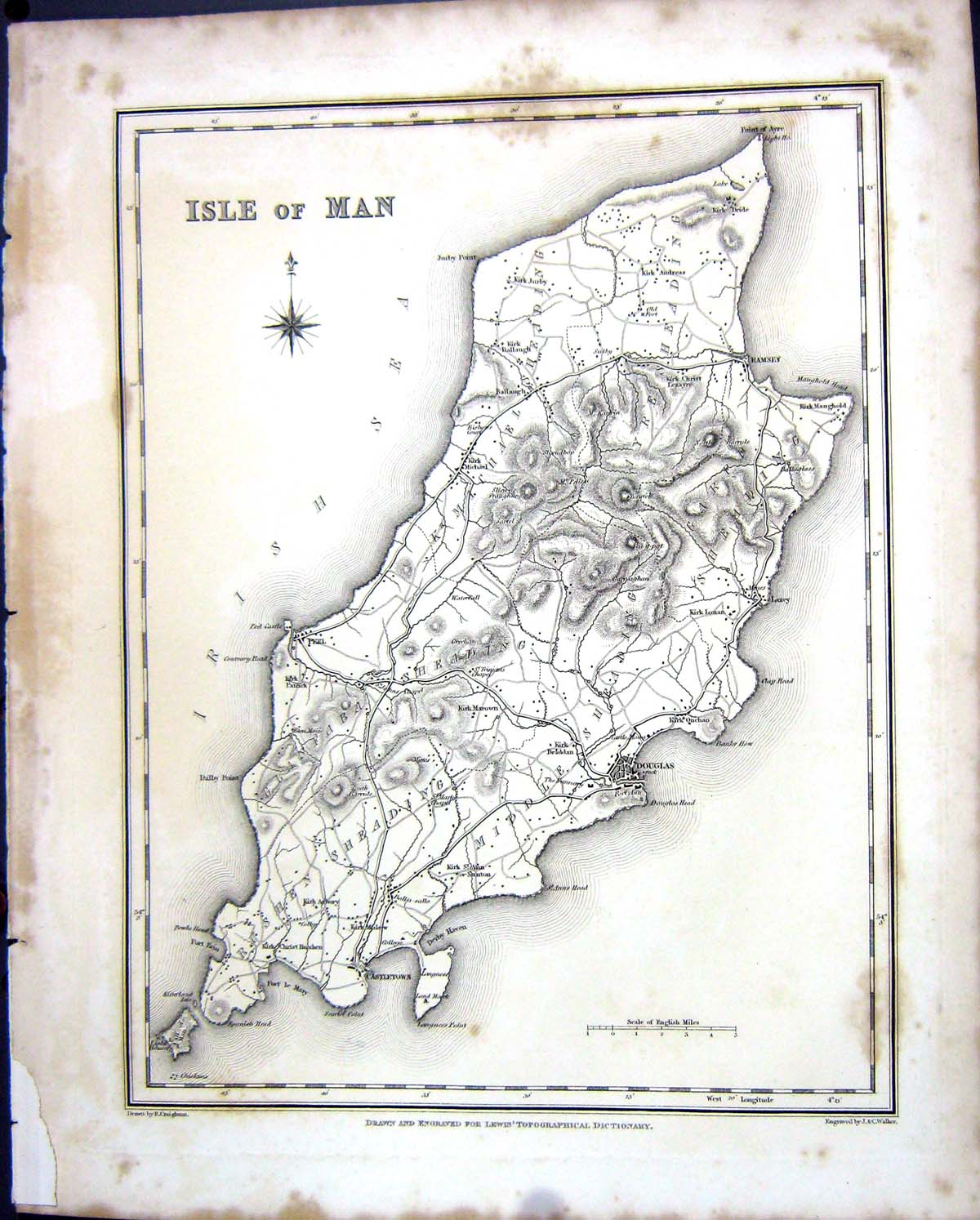 Old Antique Print Walker Creighton Map C1850 Isle Man Douglas Peel Ramsey 19th