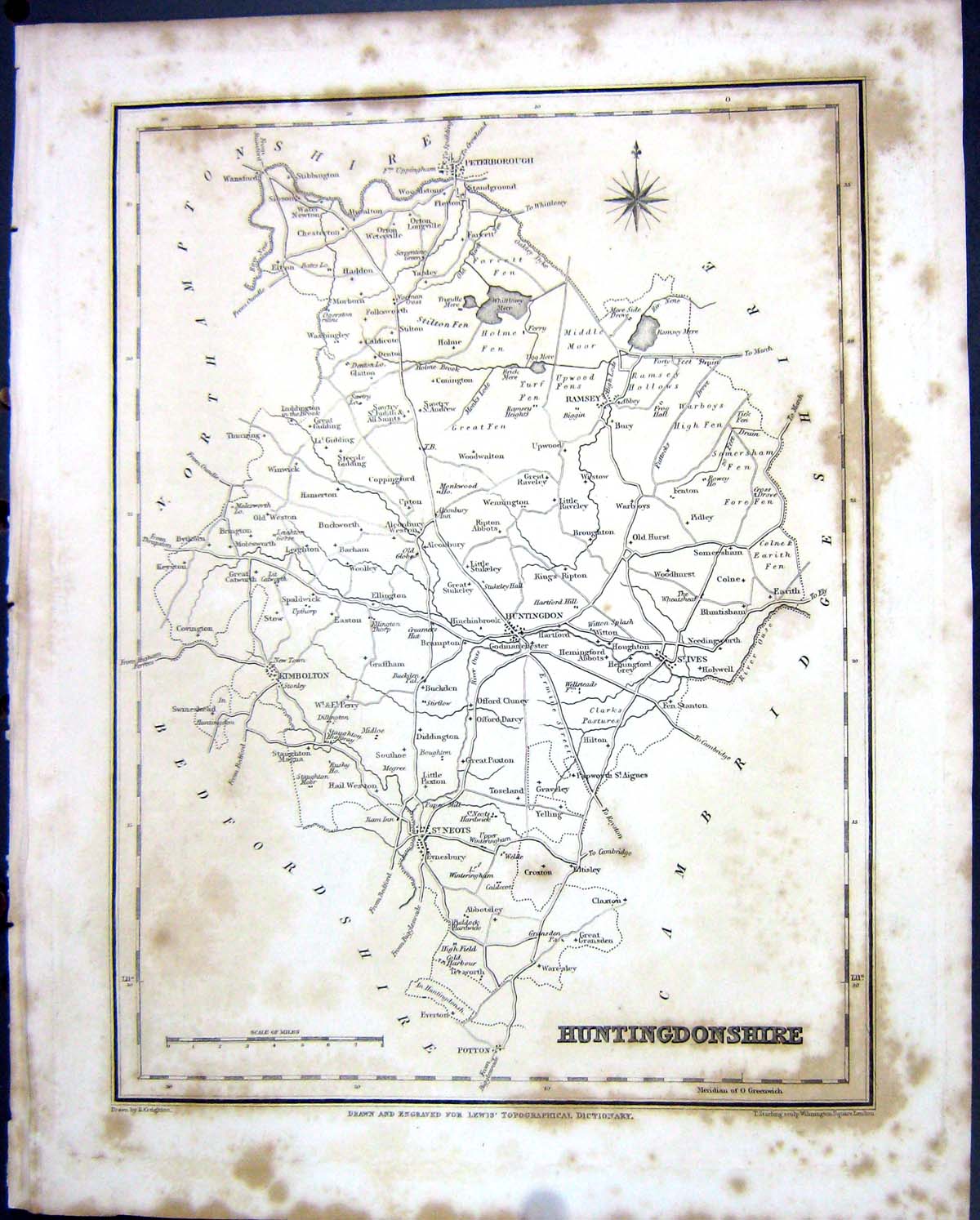 Old Print Walker Creighton Map C1850 Huntingdonshire England Peterborough 19th