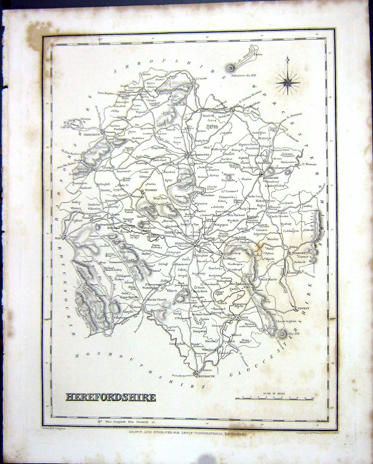 Old Walker Creighton Map C1850 Herefordshire England Hereford Leomins Victorian