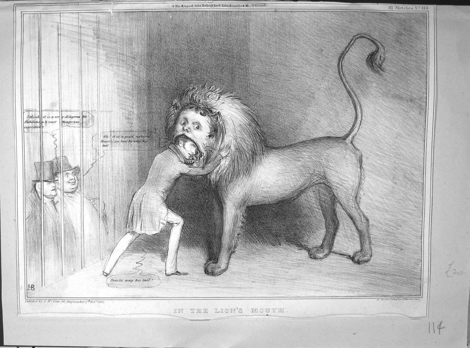 Antique Old Print Mclean John Doyle Hb Sketch 1835 Man Head In Lions Mouth 19th