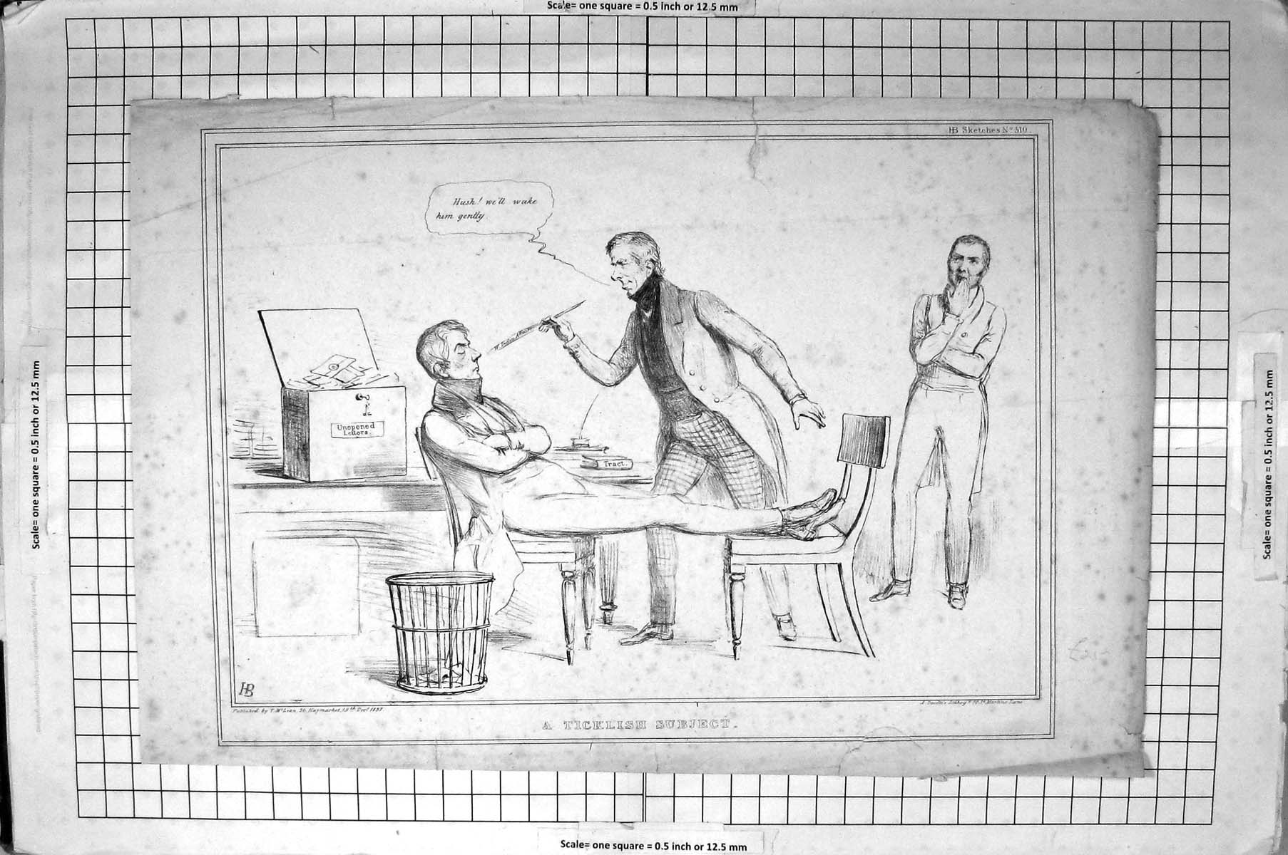 Old Print Mclean John Doyle Hb Sketch Ticklish Subject 1837 Man Sleeping 19th