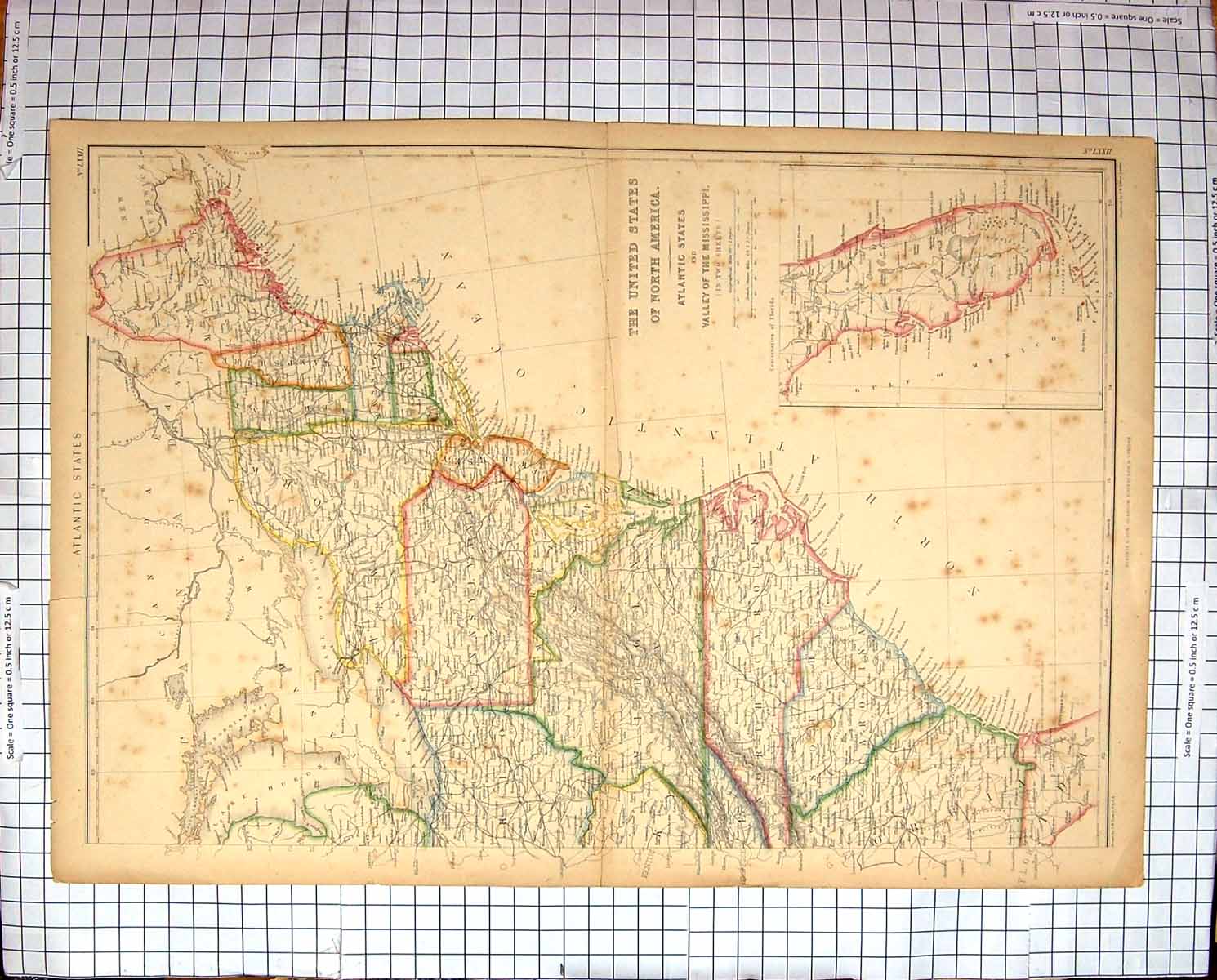 Antique Print Map C1870 North America Florida Virginia Carolina Pensylvania