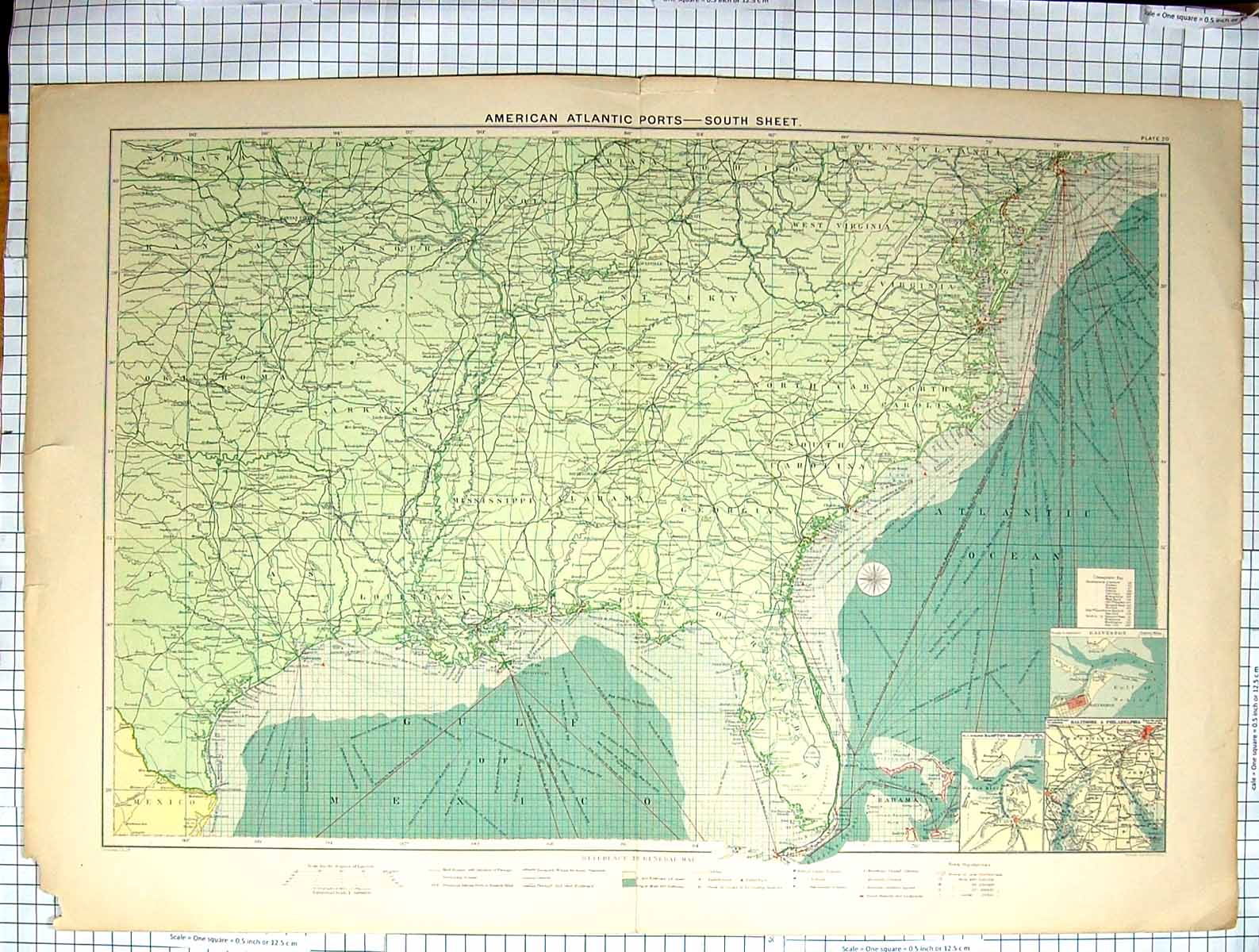 Old Print Map C1870 America Atlantic Ports Philadelphia Hampton Baltimore 19th