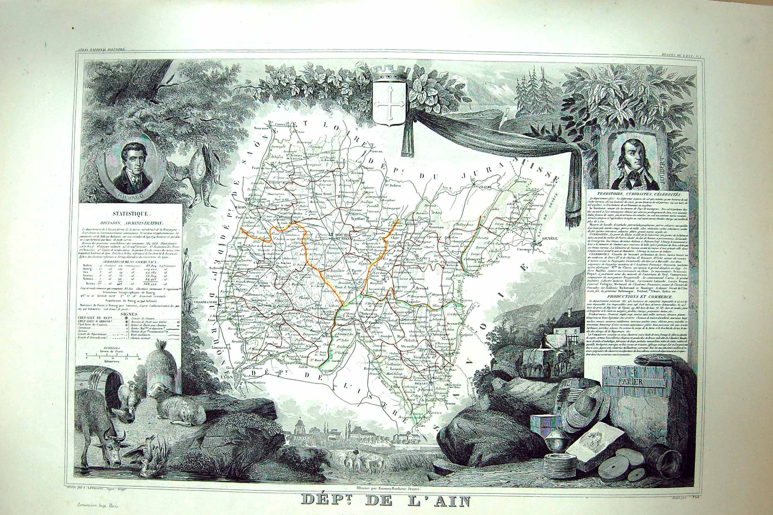 Old Print French Map C1845 De L'Ain France Bourg Belley Geneve St. Claude 19th