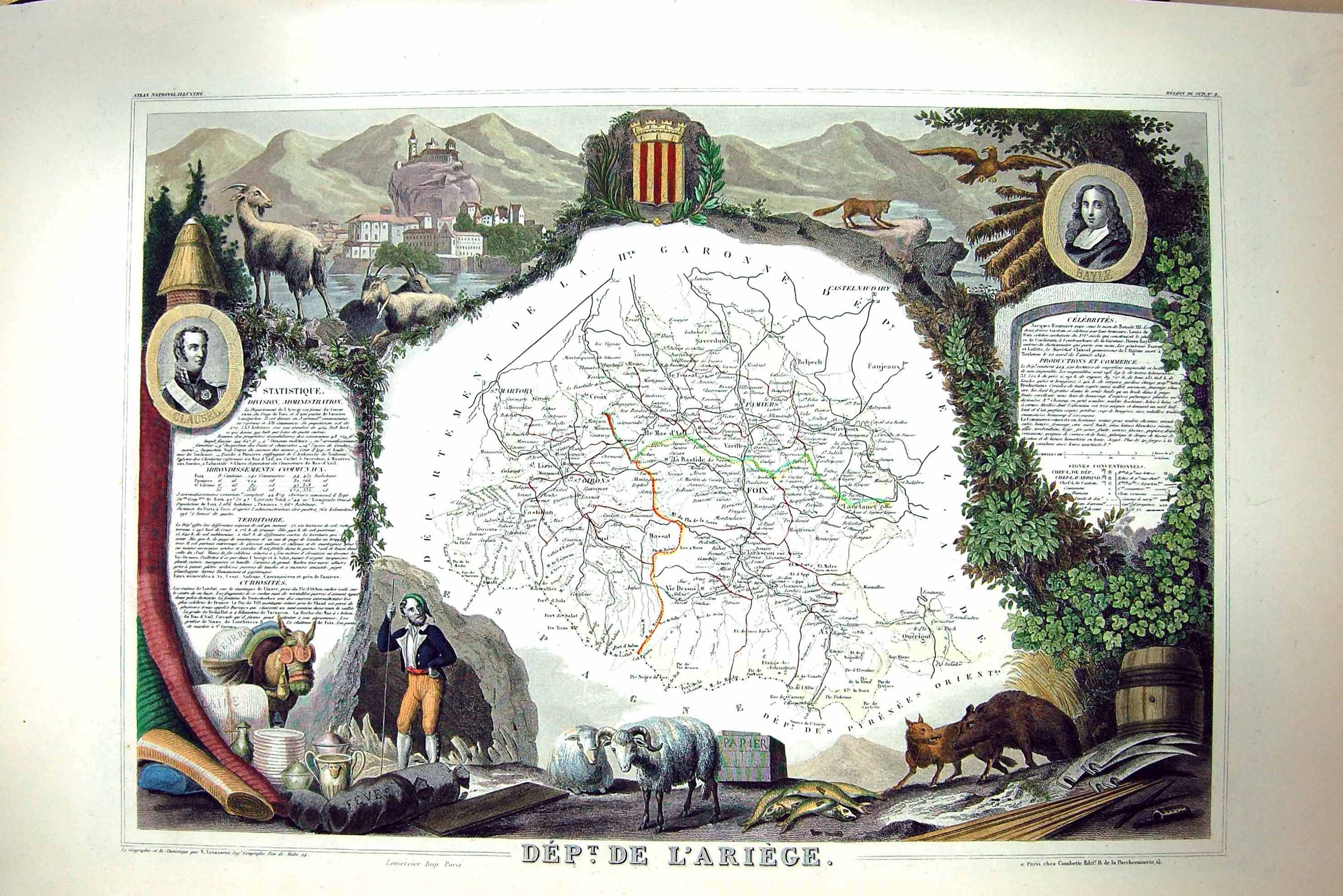 Old Print French Map C1845 De L'Ariege France Foix Girons Martory Pamiers 19th