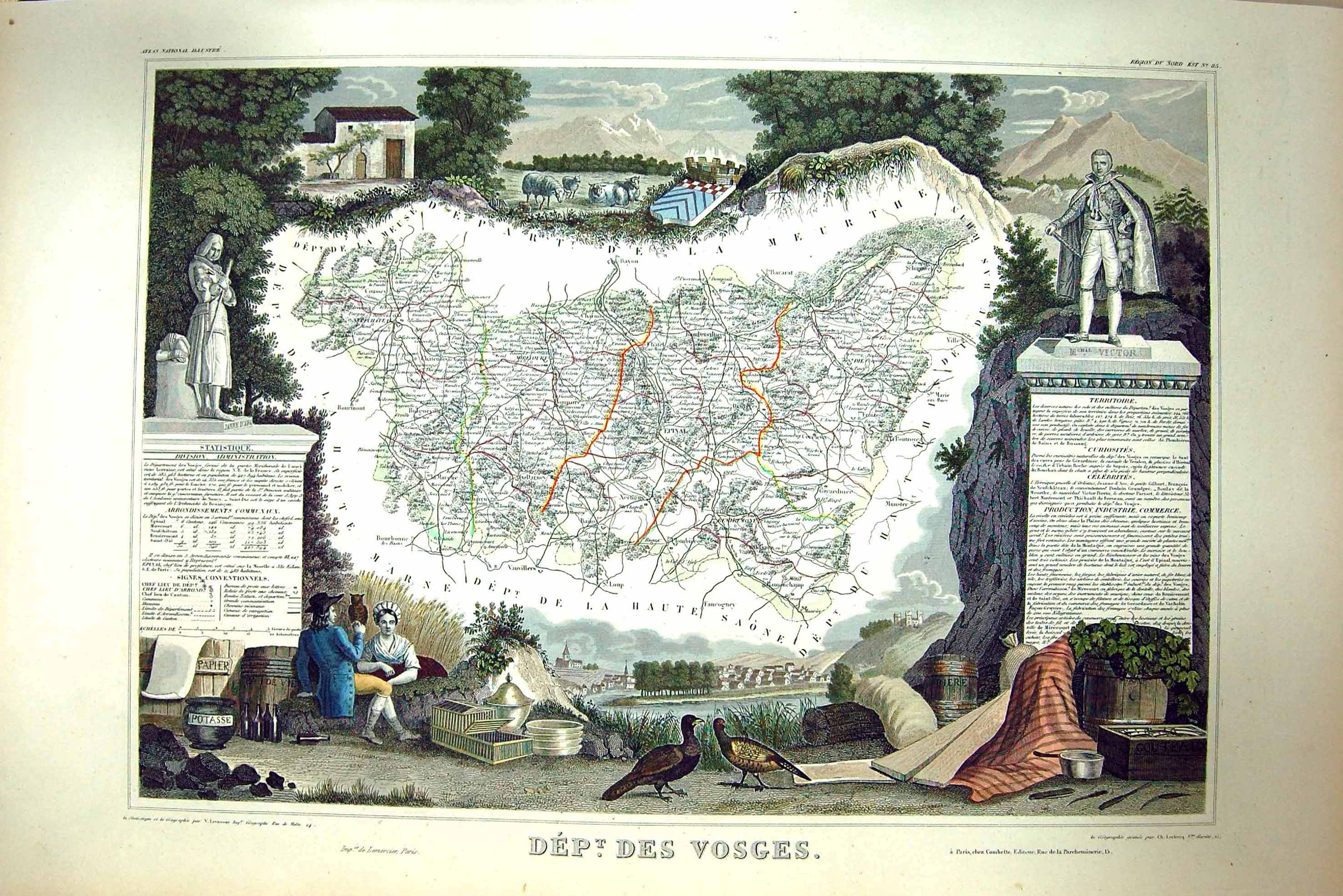 Antique Old Print French Colour Map C1845 Des Vosges Epinal France St. Die 19th
