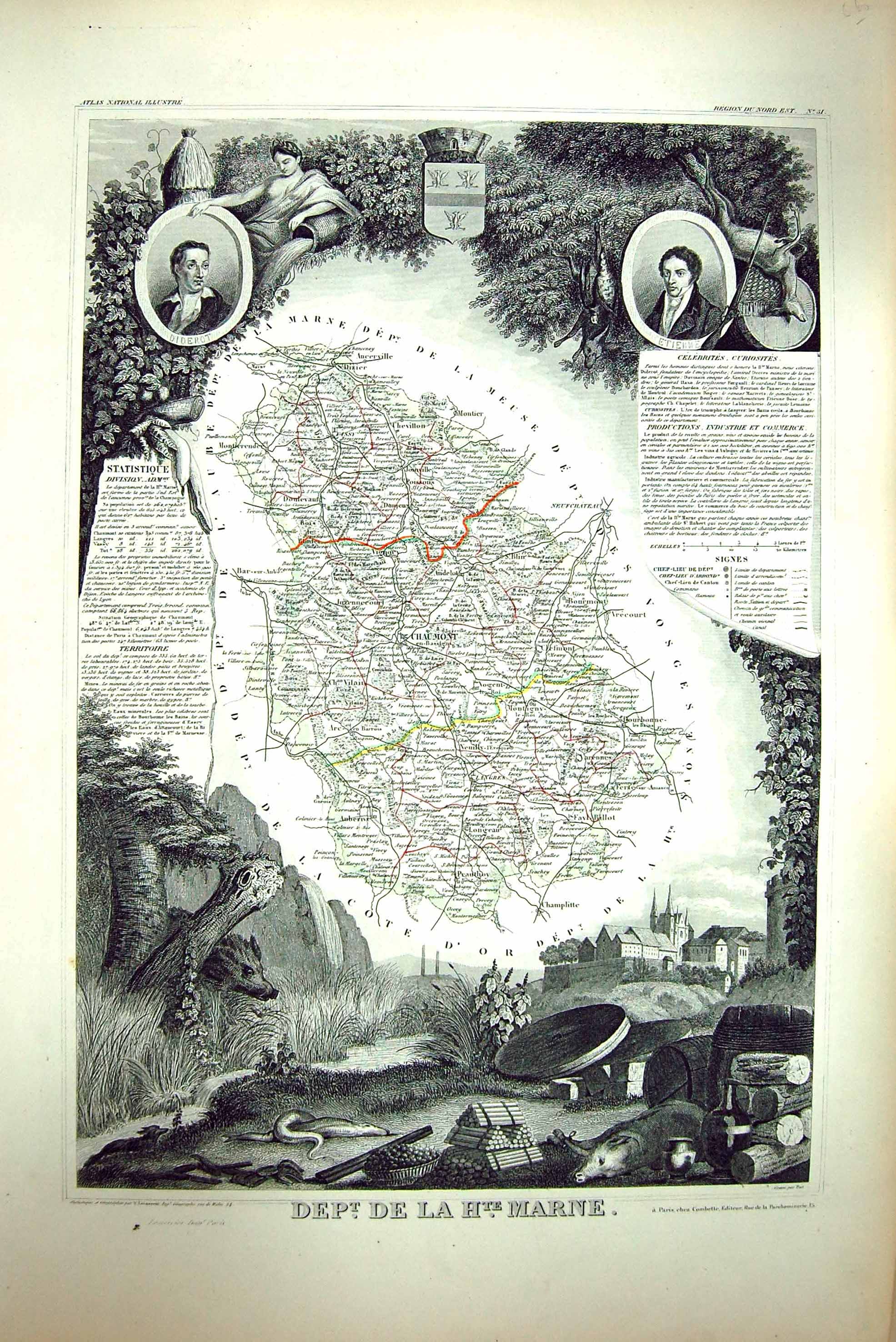 Old Print French Map C1845 De La Marne France Chaumont Dizier Champlitte 19th