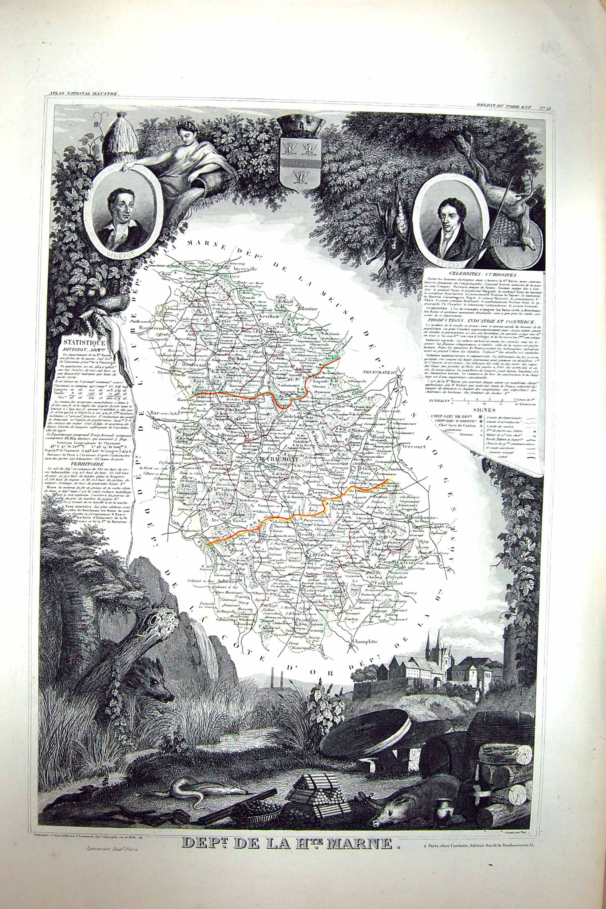 Old French Map C1845 De La Marne Chaumont Neufcahteau Montier France Victorian