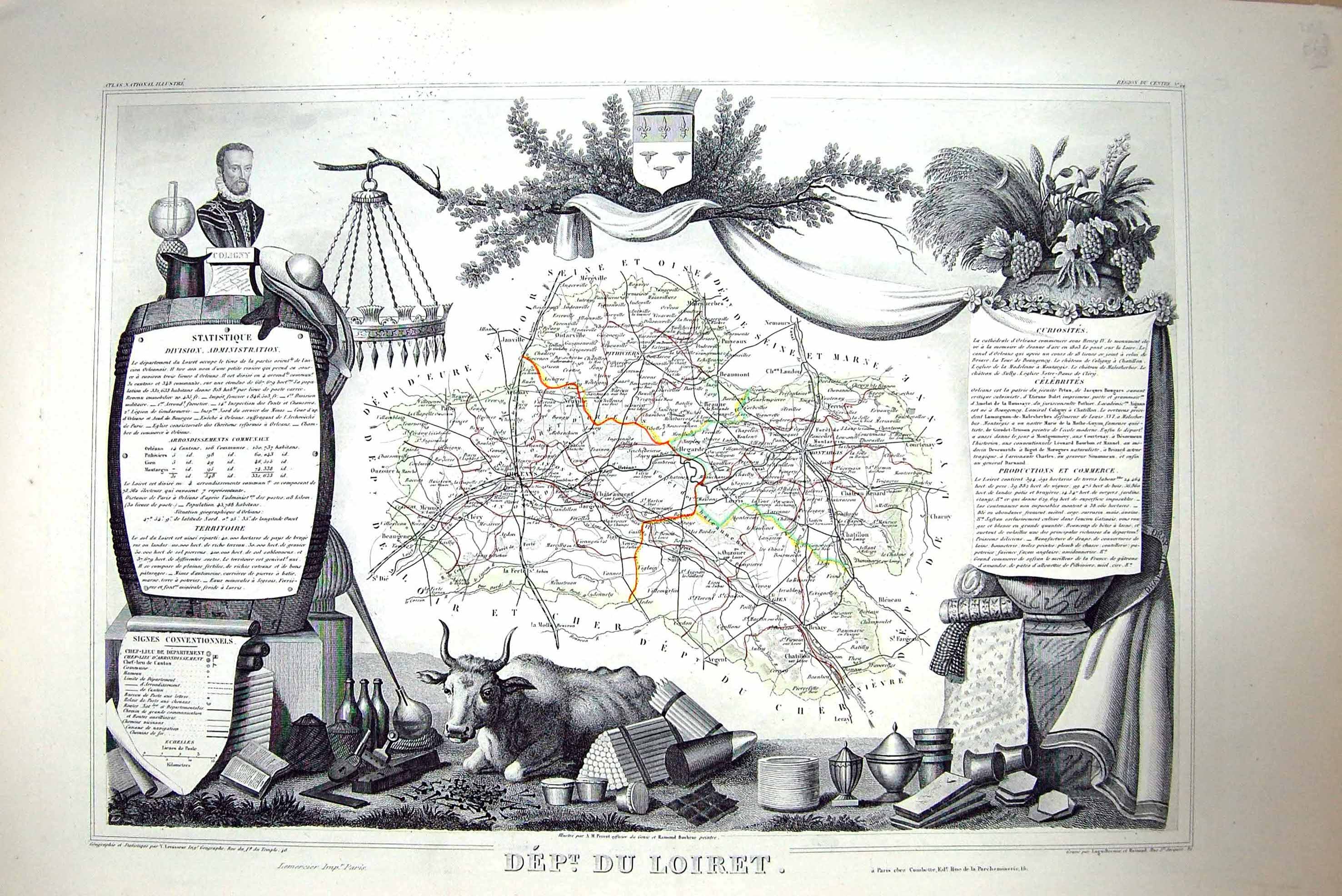 Antique Old Print French Map C1845 De Loiret Orleans France Chateau Kenard 19th