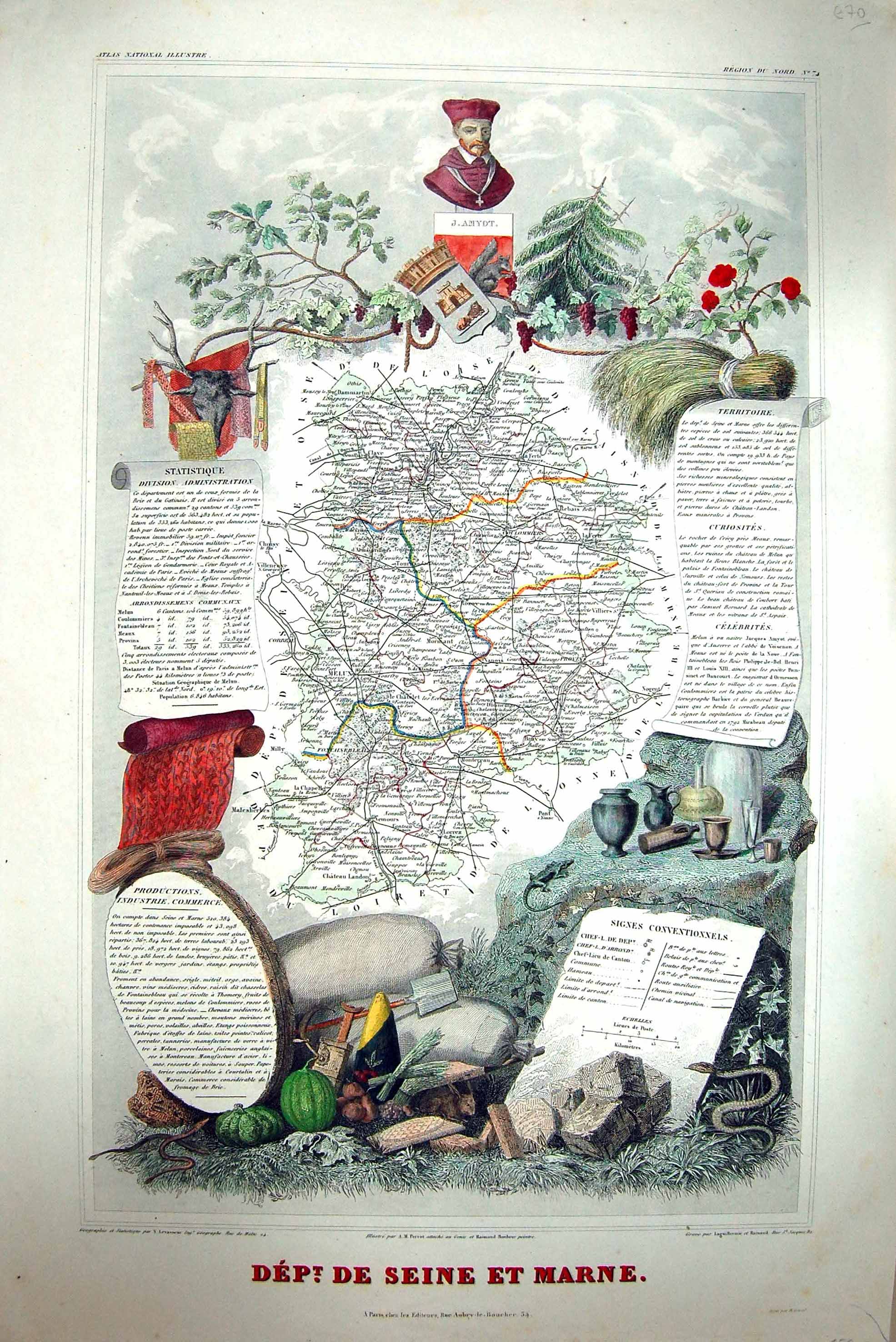 Antique Print De Seinne Et Marne French Colour Map C1845 Melun Coulommiers 19th
