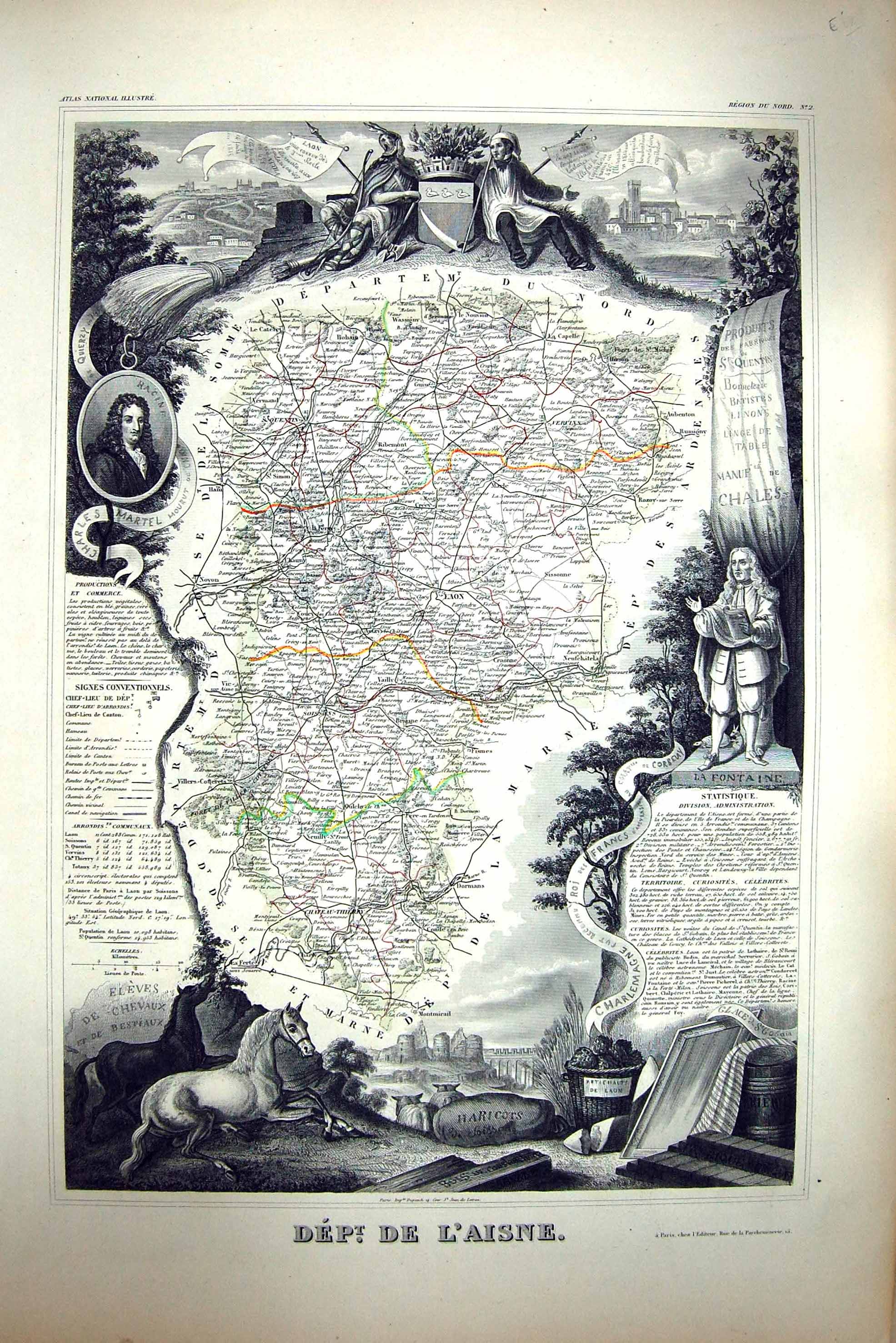 Antique Old Print French Map C1845 De L'Aisne France Laon St. Quentin Vailly