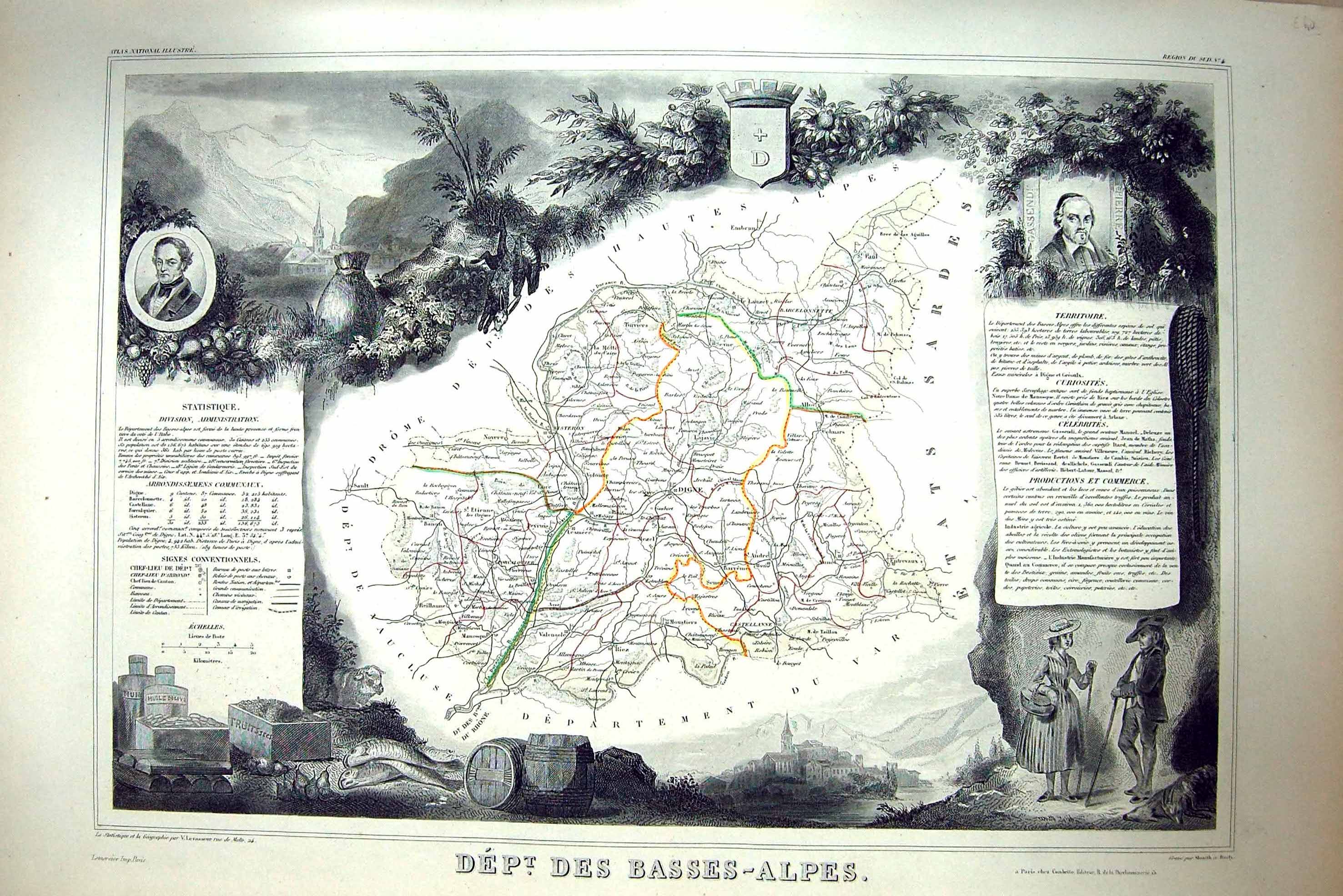 Old French Map C1845 Des Basses-Alpes France Digne Etienne Castellann Victorian