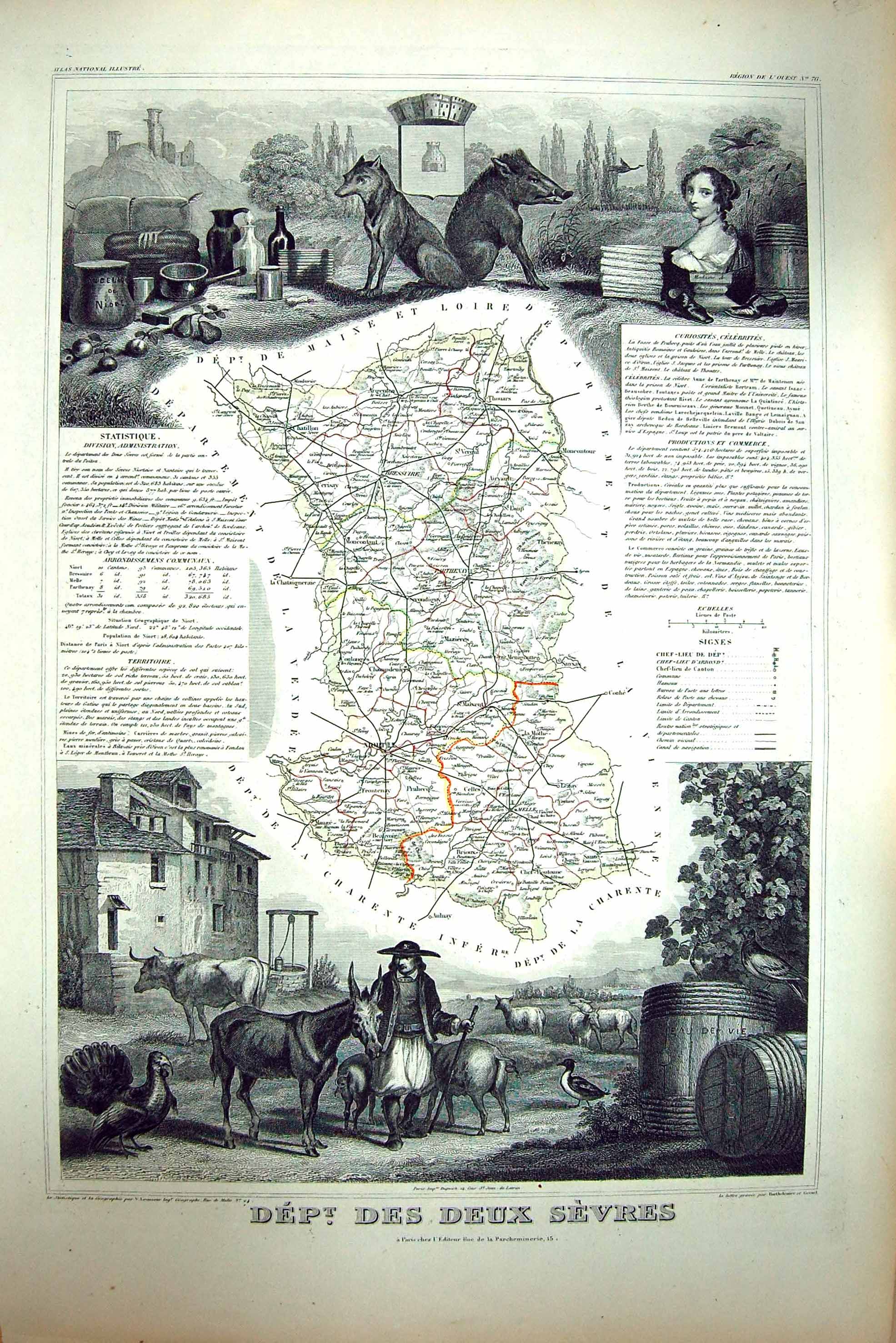 Antique Old Print French Map C1845 Des Deux Sevres France Maine Loire Vienne