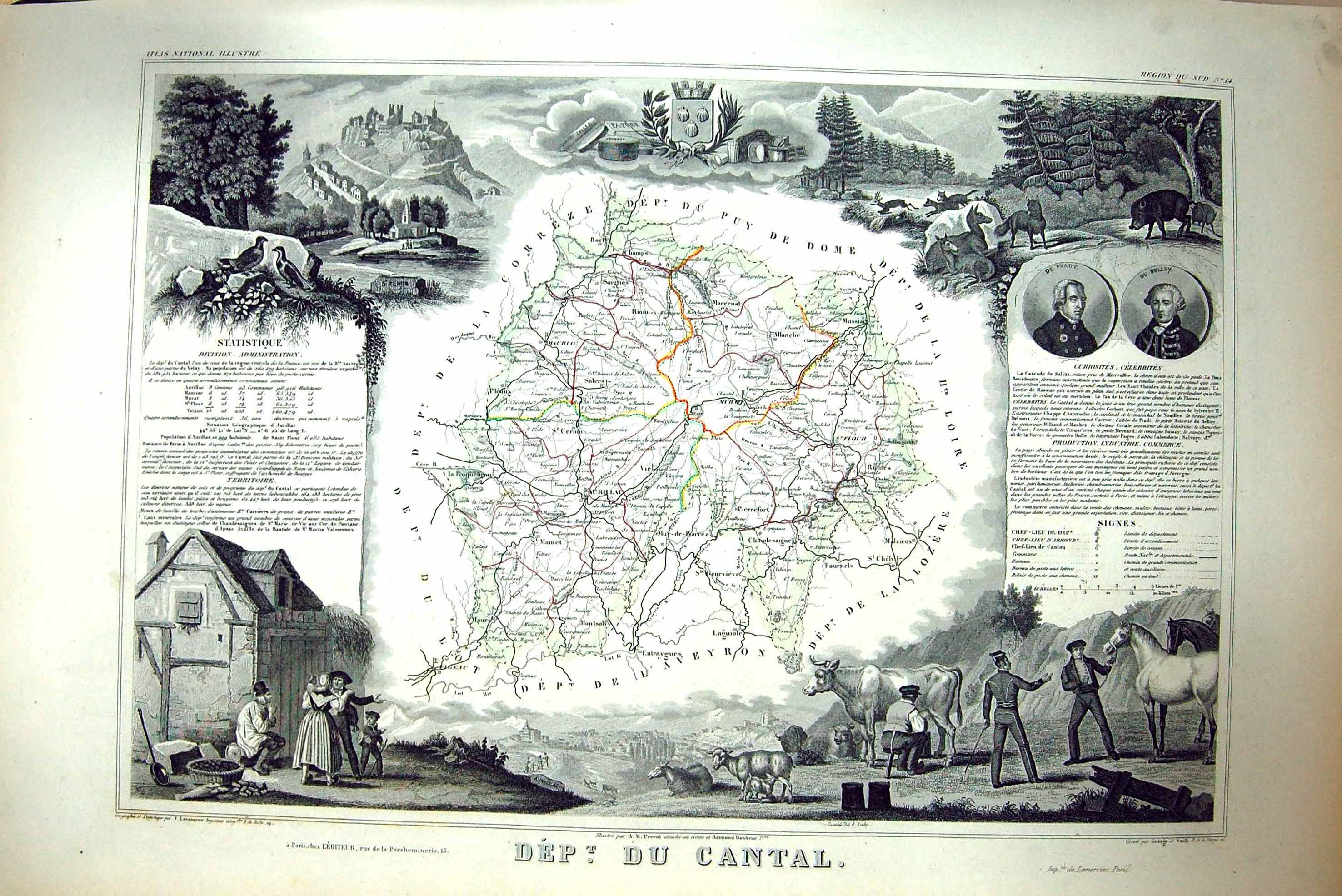 Antique Old Print French Map C1845 Du Cantal Aurillac France St. Flour Belloy