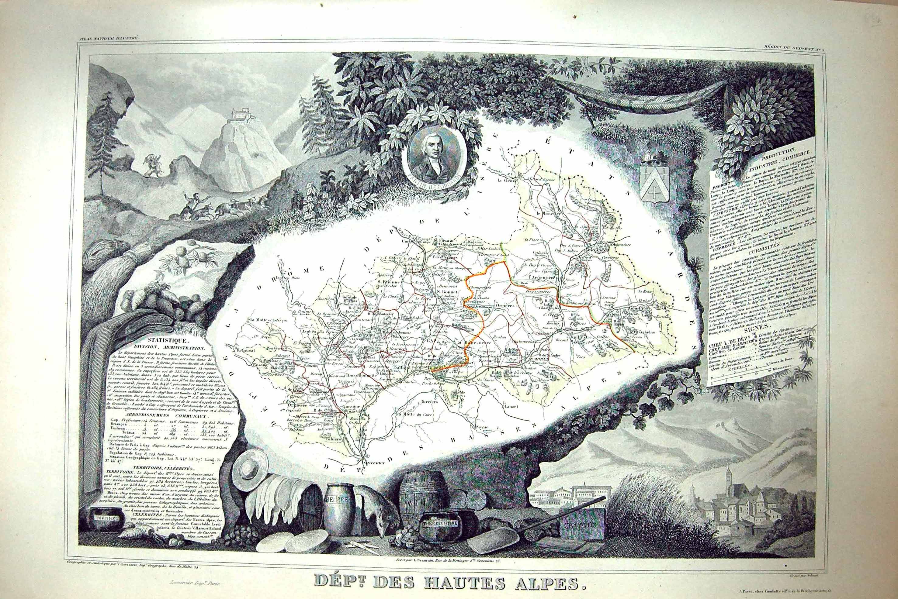 Antique Old Print French Map C1845 Des Hautes Alpes France Sesteron Le Grave