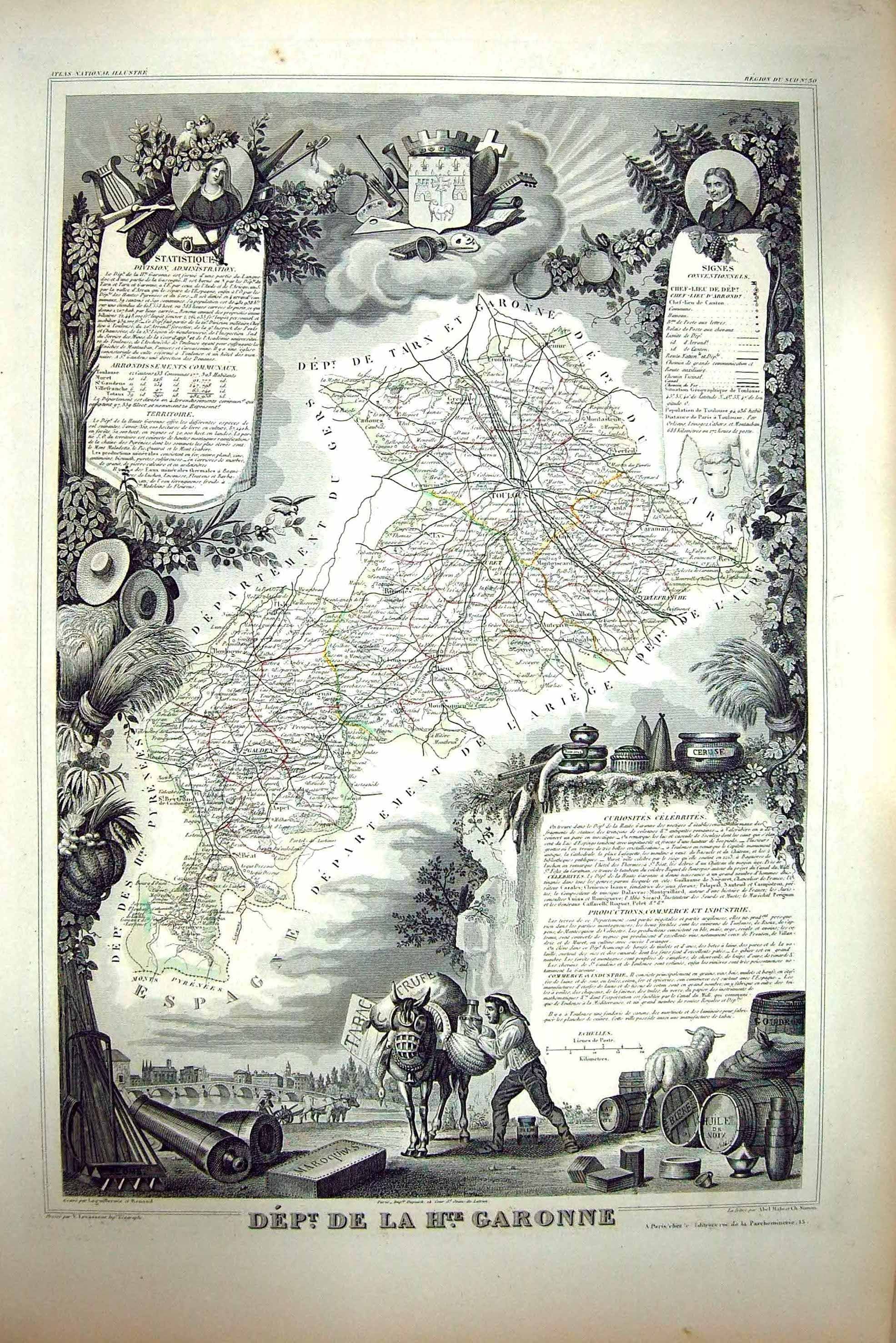 Antique Print French Map C1845 De La Garonne Toulous France Gaudens Caraman