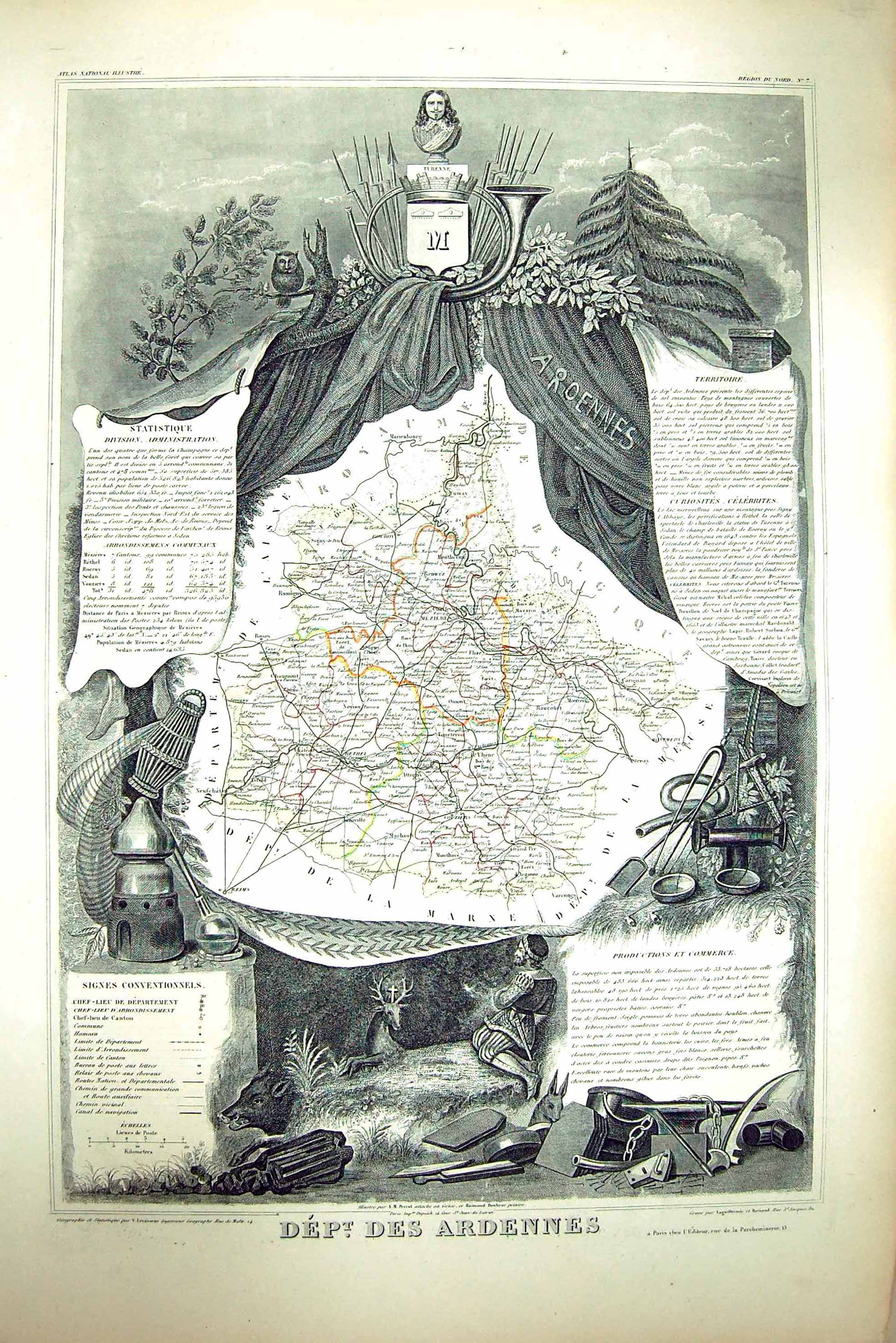 Old Antique Print French Map C1845 Des Ardennes France Meziere Aroennes 19th