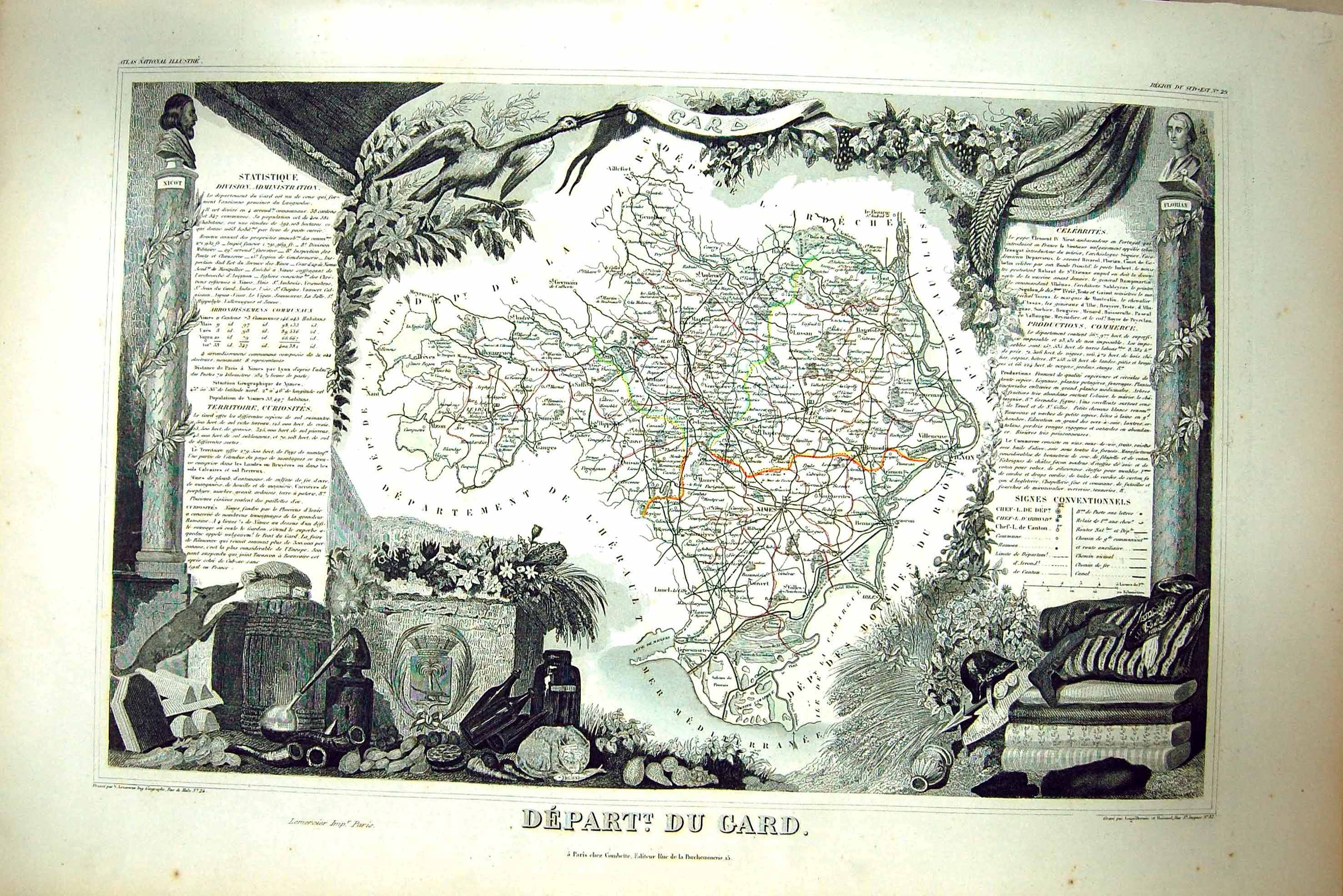 Antique Old Print French Map C1845 Du Gard France Nimes Wignon Lozere Ambroix