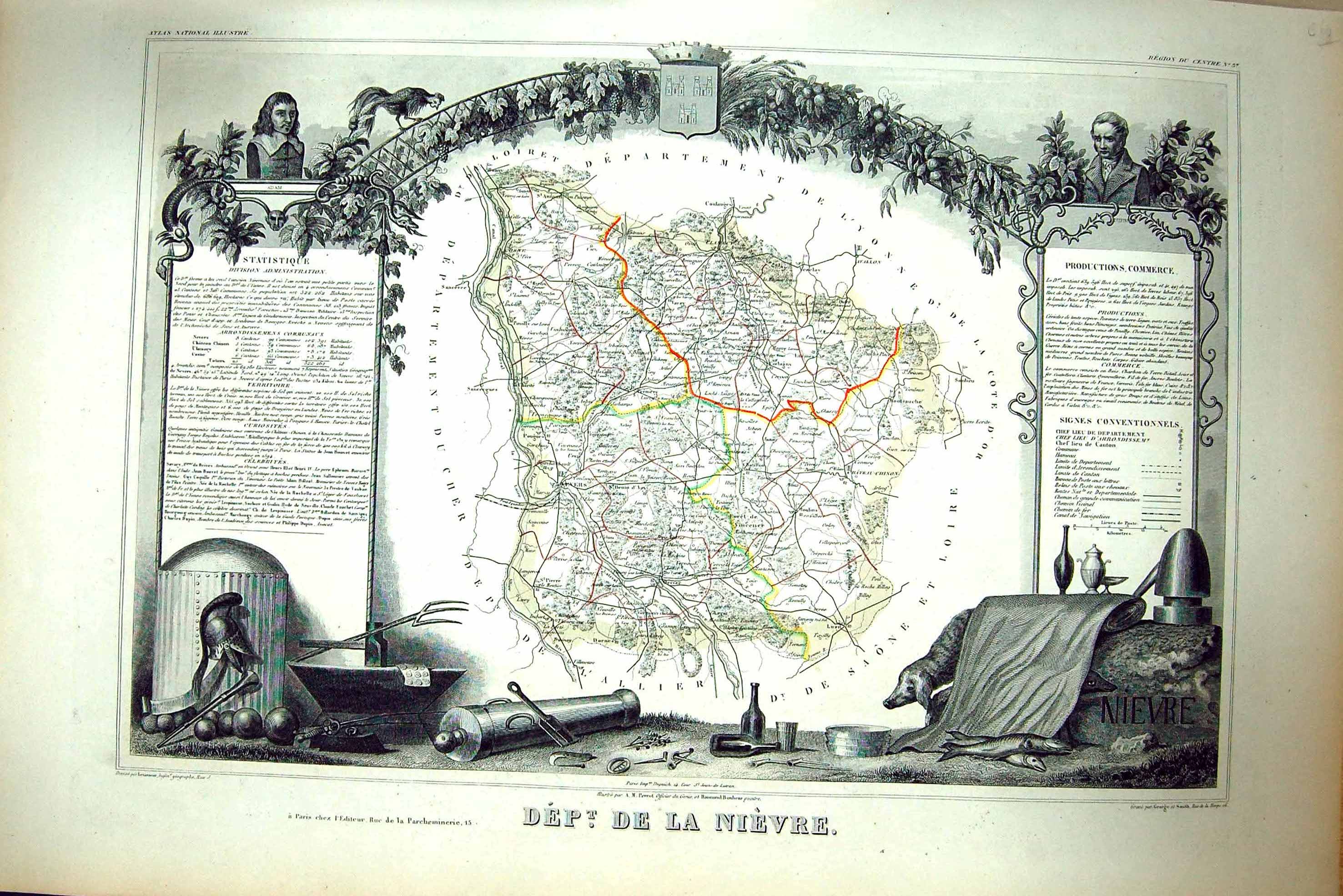 Original Old Antique Print French Map C1845 De La Nievre France Chateau-Chinon