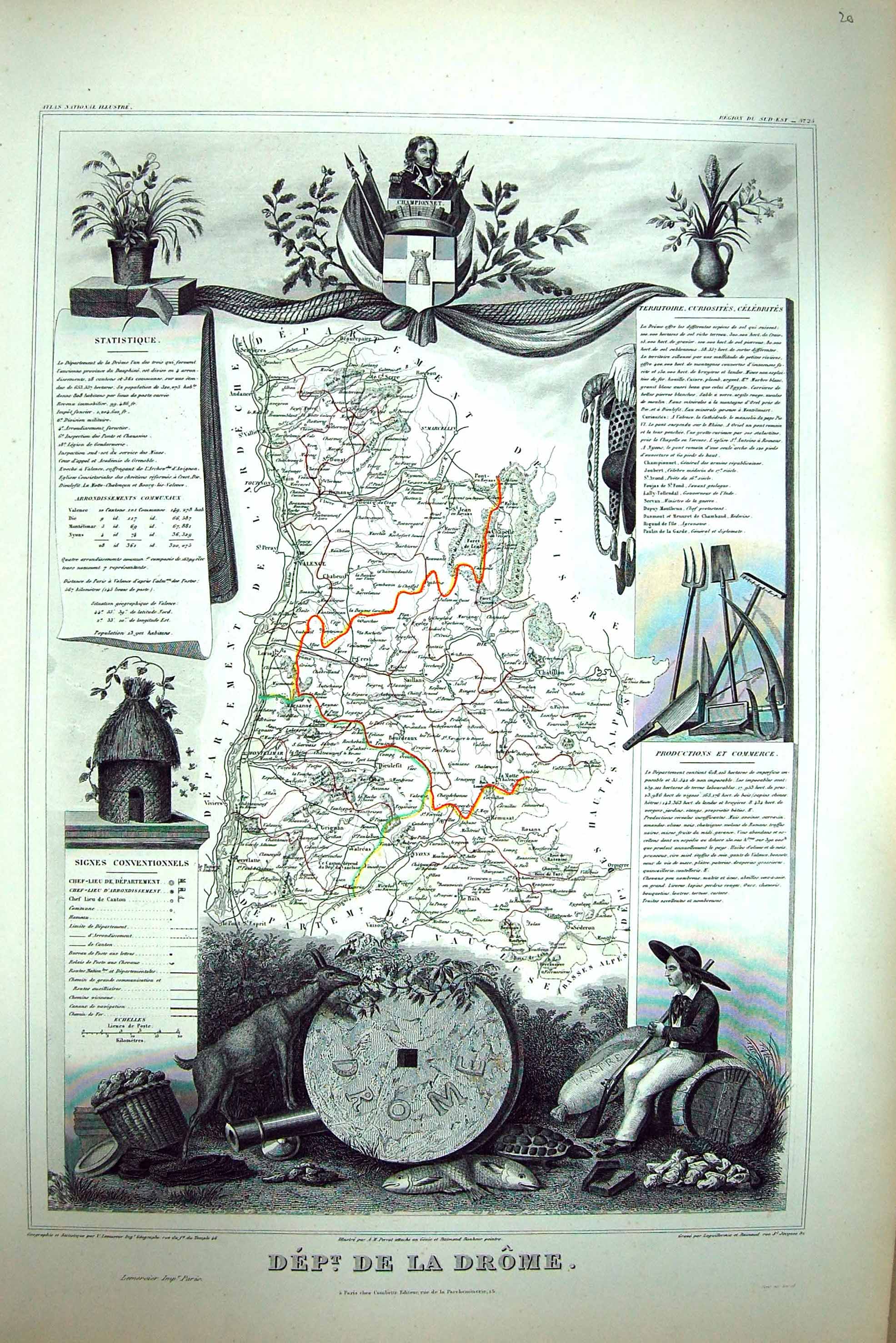 Old Antique Print French Map C1845 De La Drome France Valence Chatillon 19th