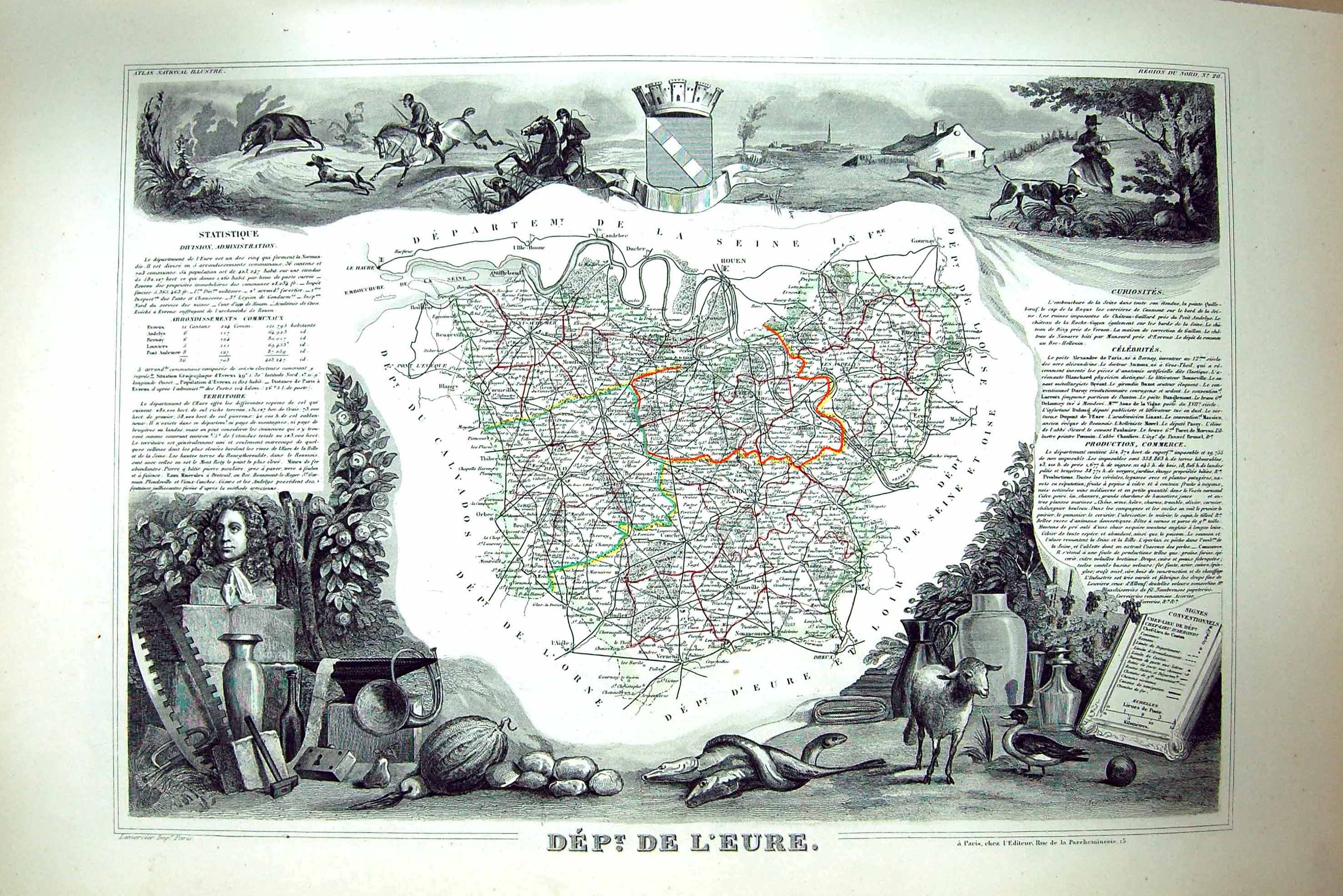 Old Antique Print French Map C1845 De L'Eure France Evreux Bernay Rouen 19th