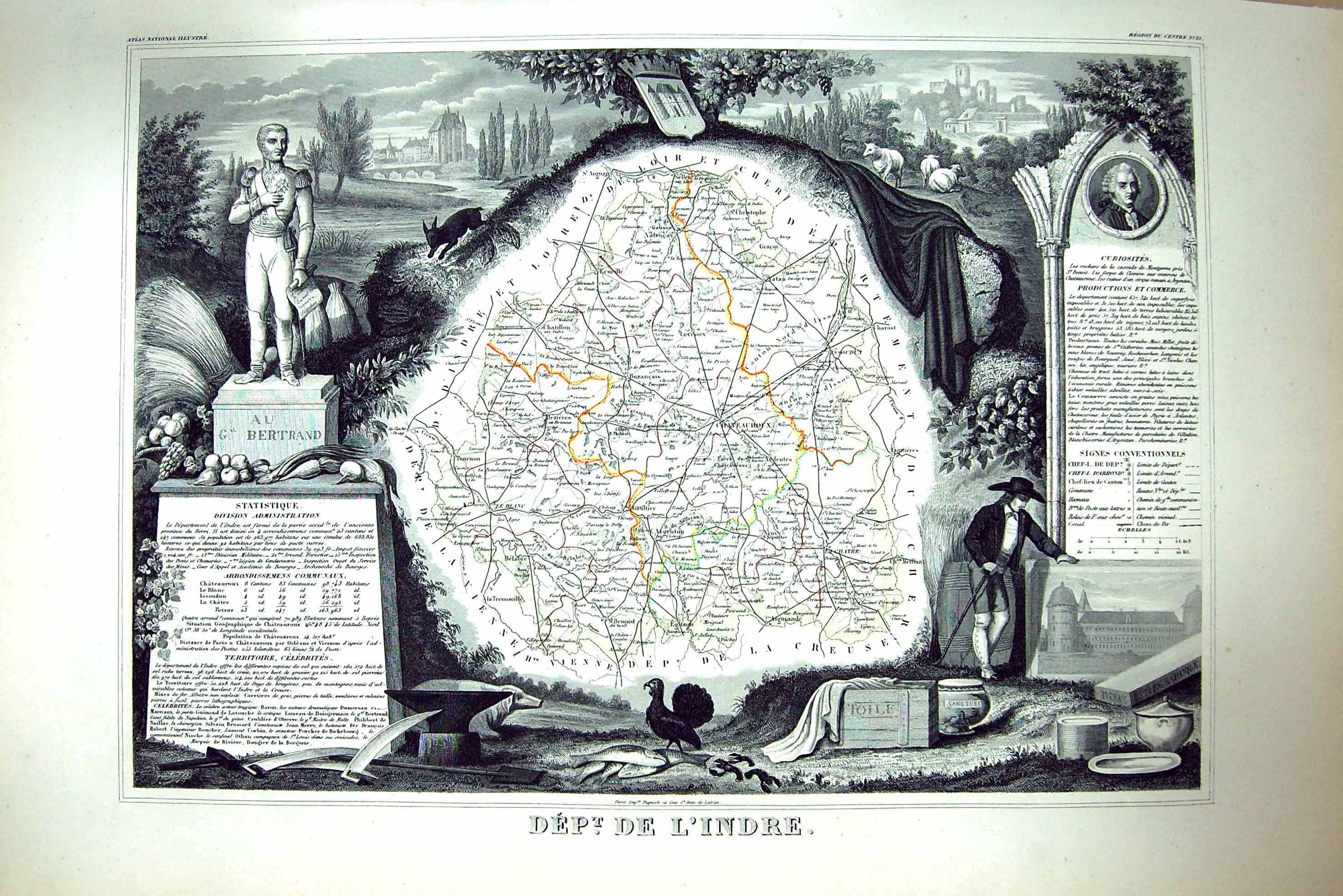 Old Print French Map C1845 De L'Indre France Chateauroux Le Blanc Chatre 19th