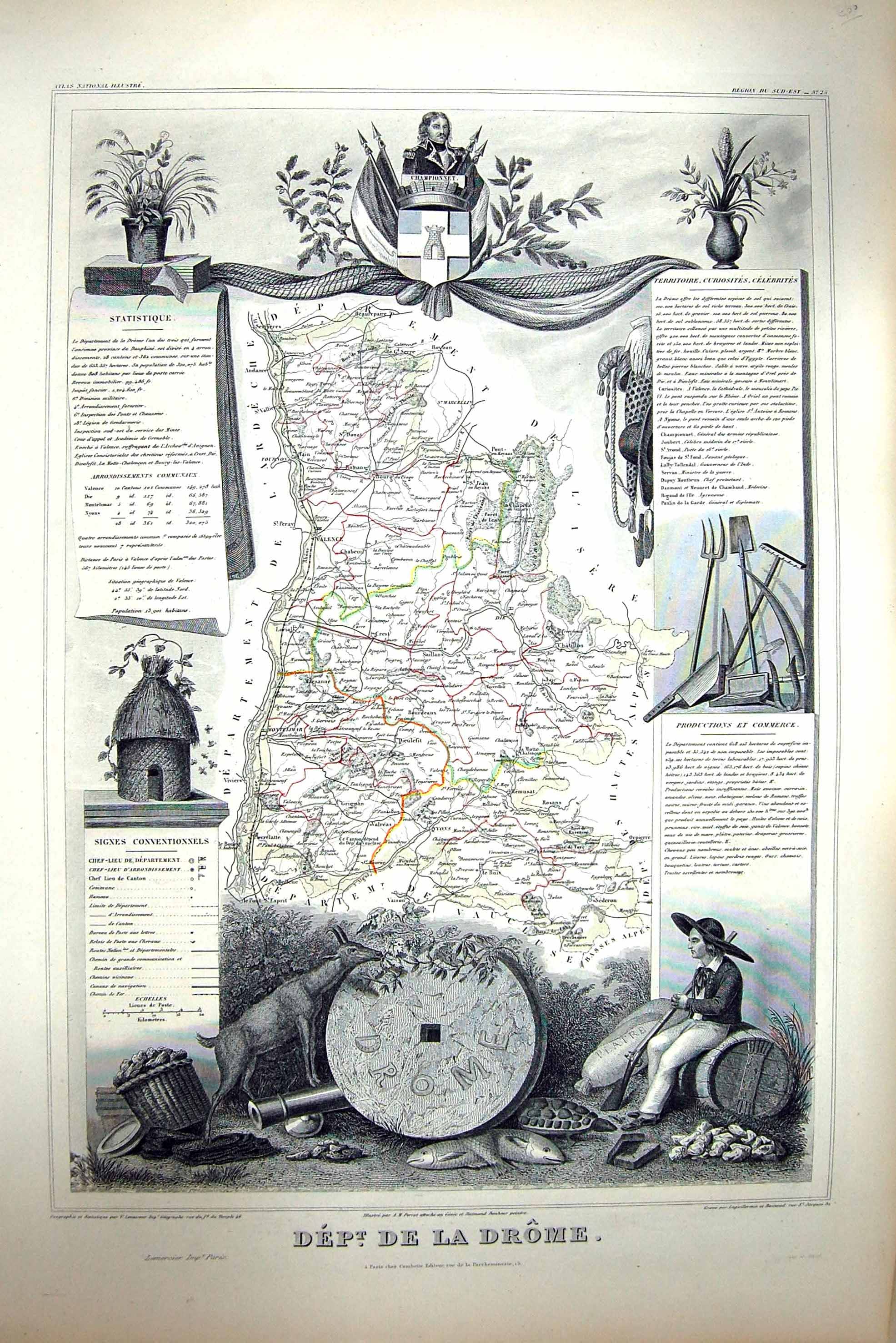 Antique Old Print French Map C1845 De La Drome France Montelimar Marcellin 19th