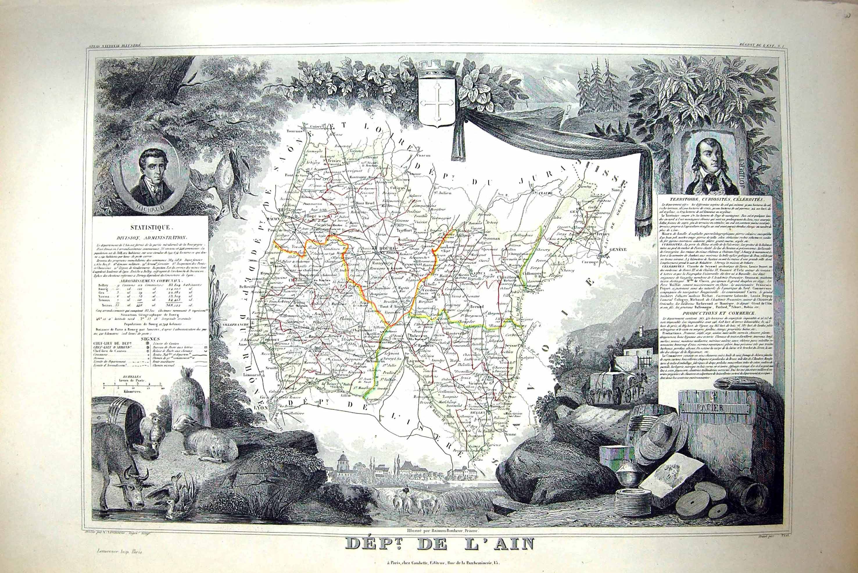 Antique Print French Map C1845 De L'Ain France Belley Bourg Joubert Michaud