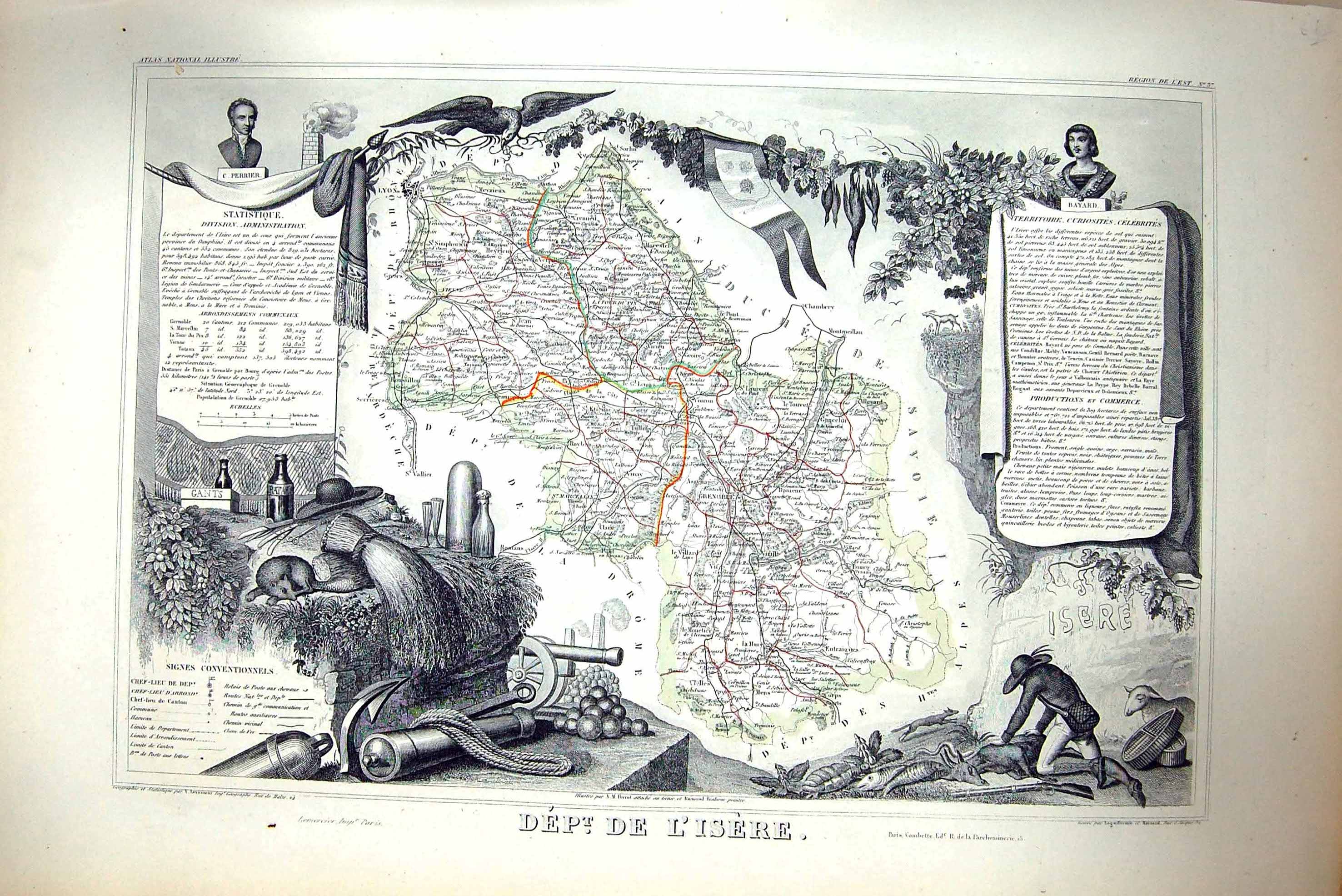 Antique Print French Map C1845 De Lisere France Grenoble Lyon Drome Bayard 19th