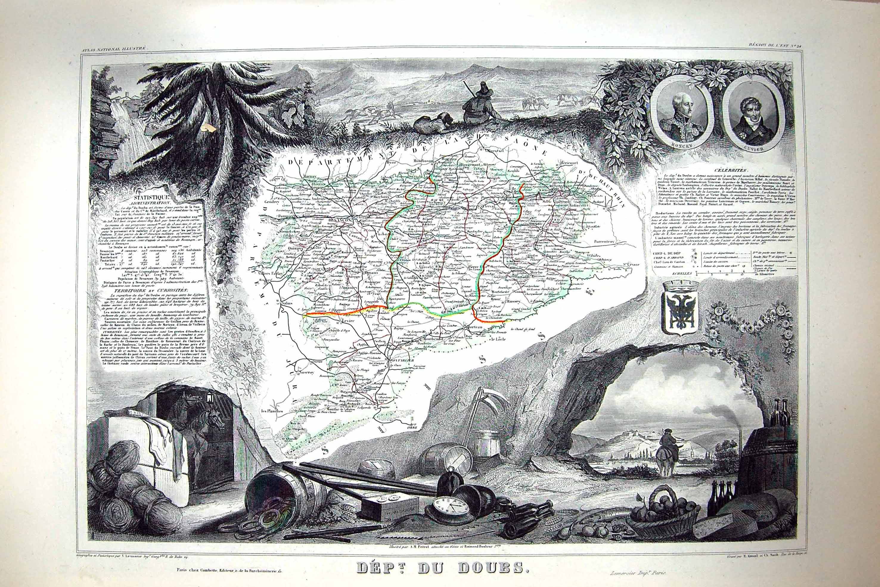 Antique Print French Map C1845 Du Doubs France Moncey Cuvier Baume Besancon